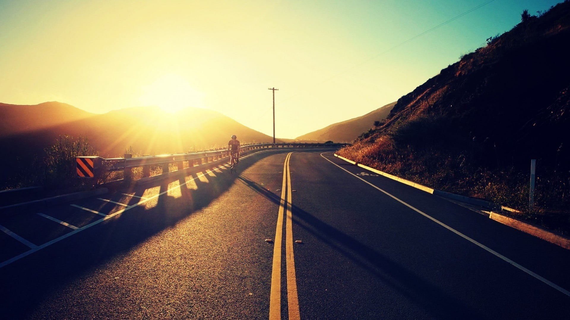connection, biker, the way forward, sunset, road marking, no people, diminishing perspective, sign, landscape, sky, symbol, sun, mountain, highway, bridge - man made structure, HD Wallpaper