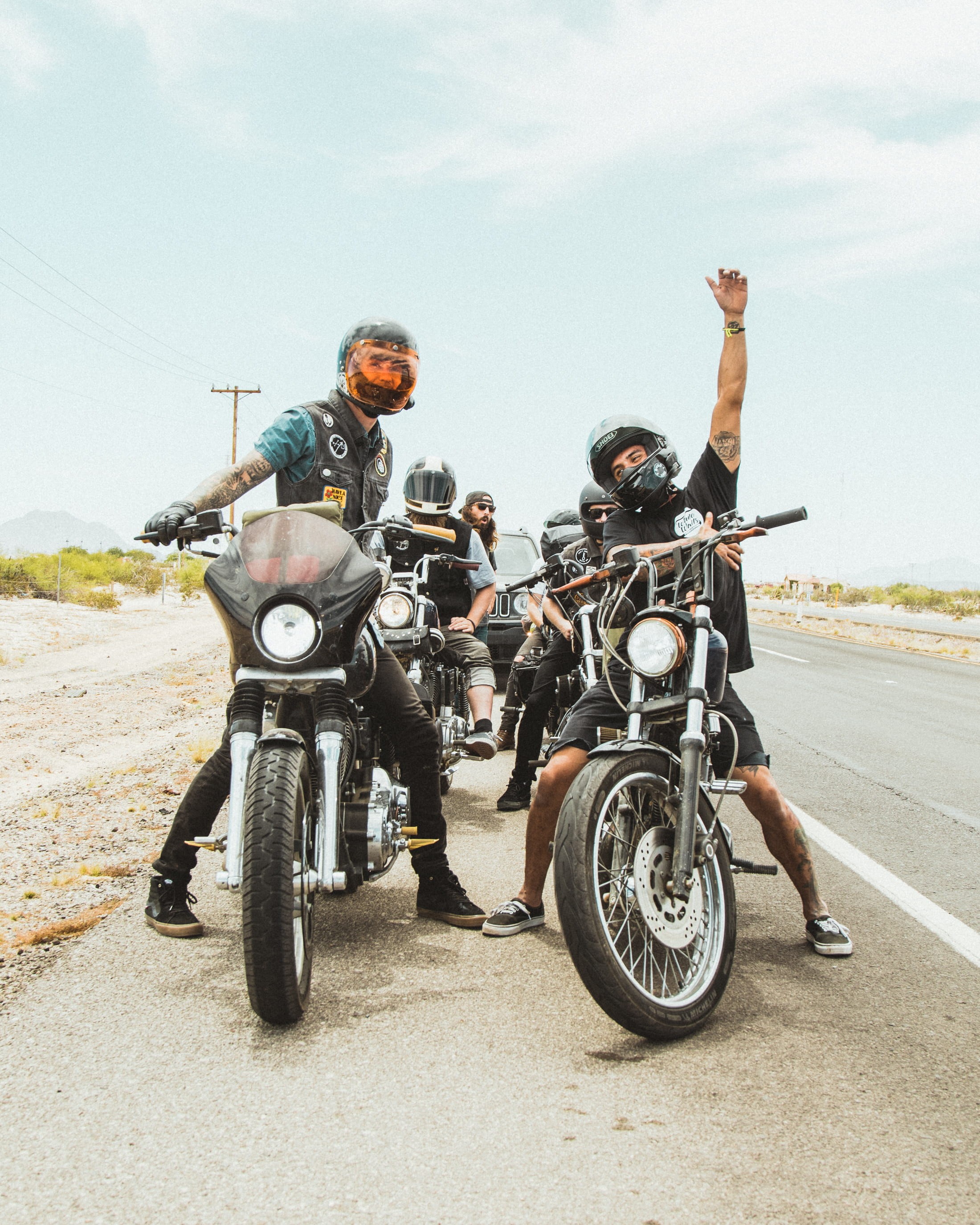 bikes, sky, suv, togetherness, ride, men, crash helmet, black, mode of transportation, blue sky, person, land vehicle, transportation, people, waving, riding, Phone HD Wallpaper