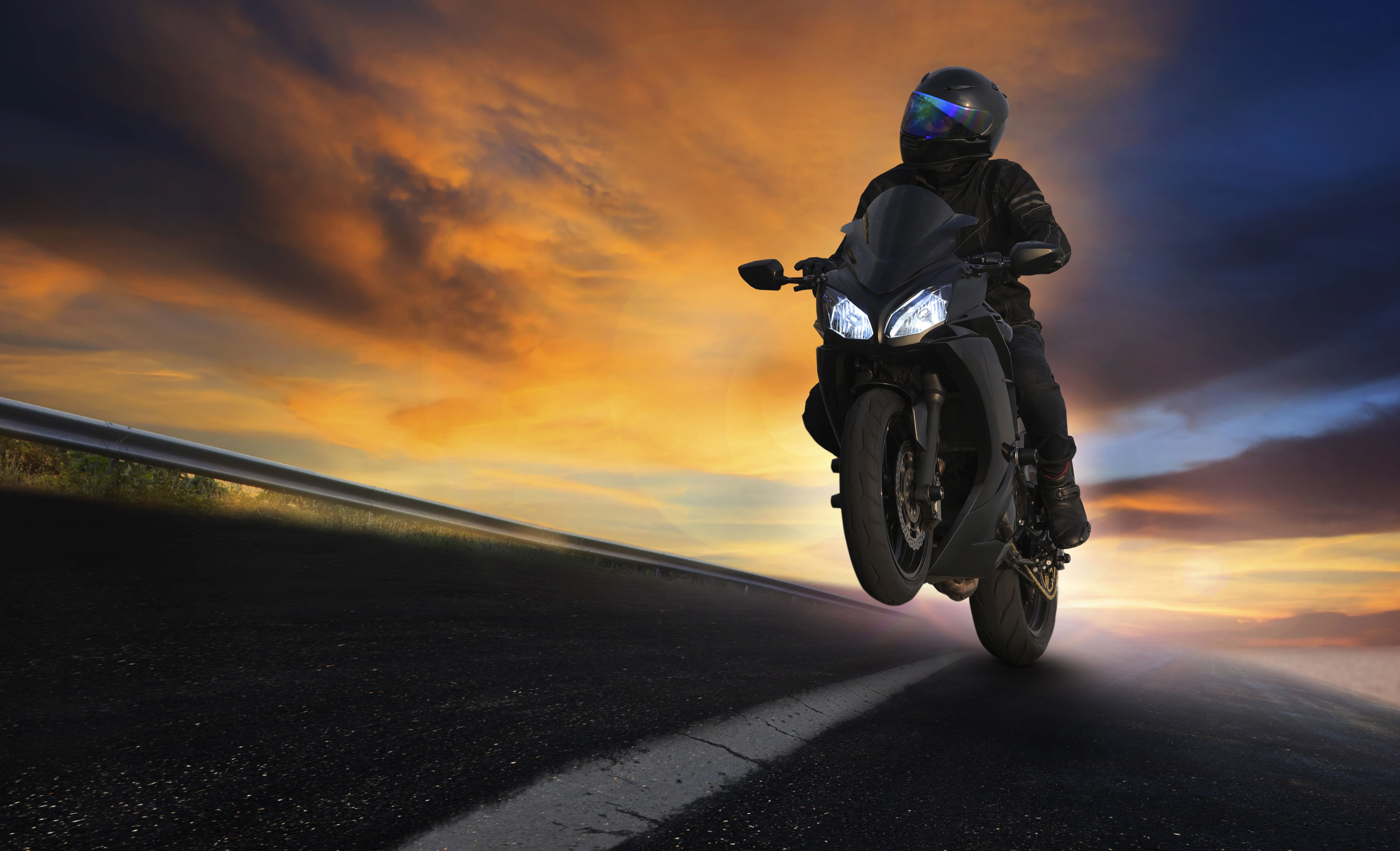 people, helmet, beautiful background, markup, movement, action, land Vehicle, sunset, feel of speed, sport, sky, speed, black, bokeh, motorcycle, HD Wallpaper