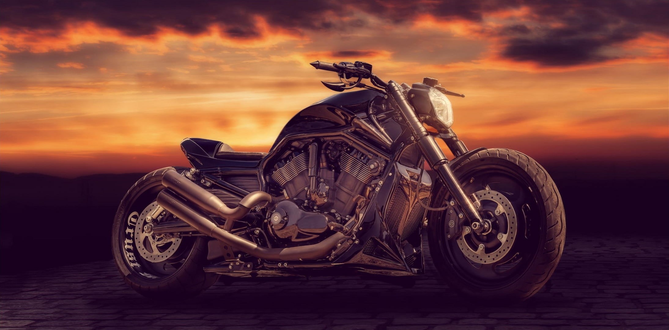 chrome, sports Race, 1080P, black, luxury, leather, metal, travel, stationary, style, bike, mode of Transport, motorsport, riding, sunset, sky, chopper, HD Wallpaper