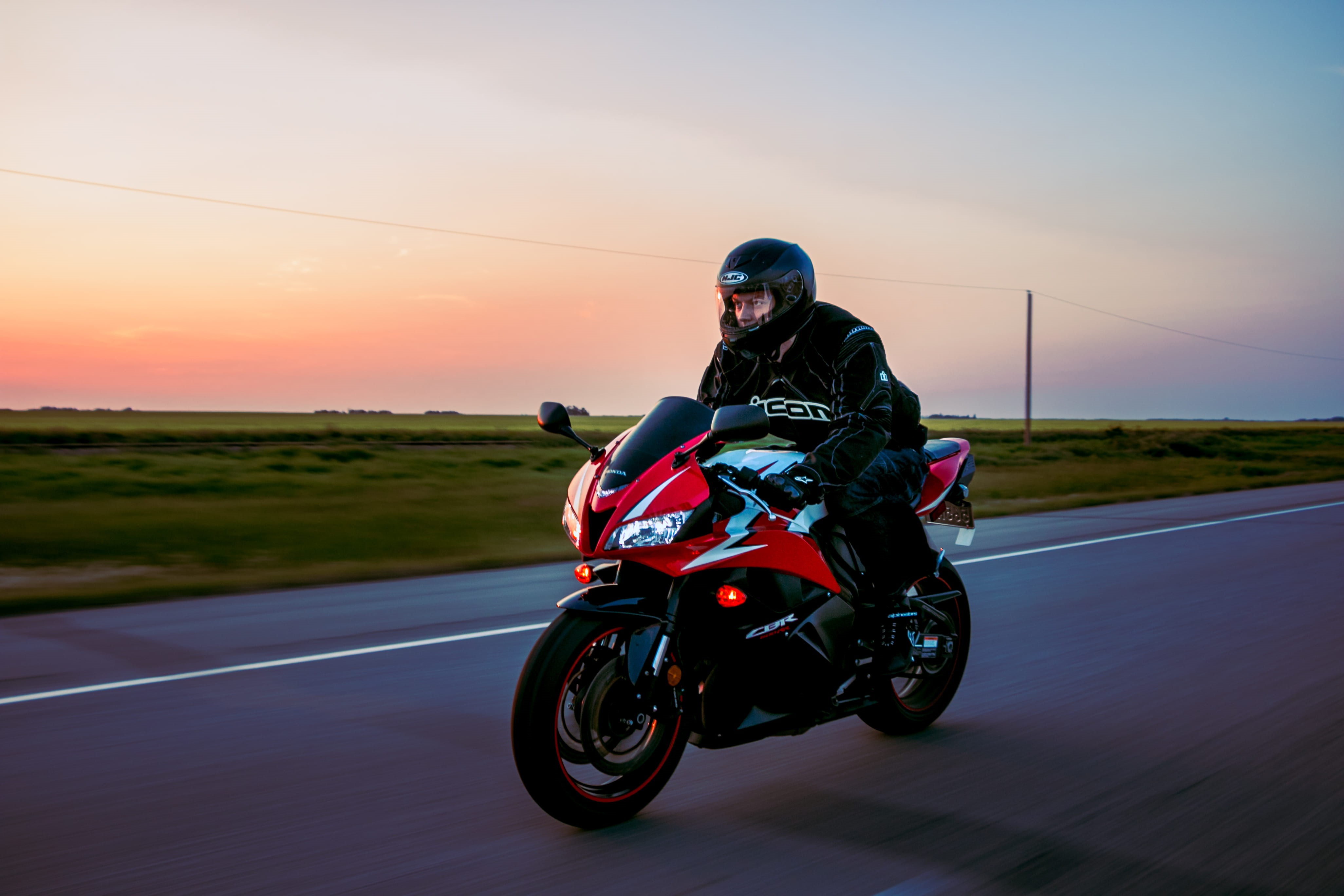 riding, horizon, headwear, sunrise, motorcycle, nature, sky, sunset, movement, helmet, freedom, red, landscape, man, motorbike, outdoors, hour, sports helmet, HD Wallpaper