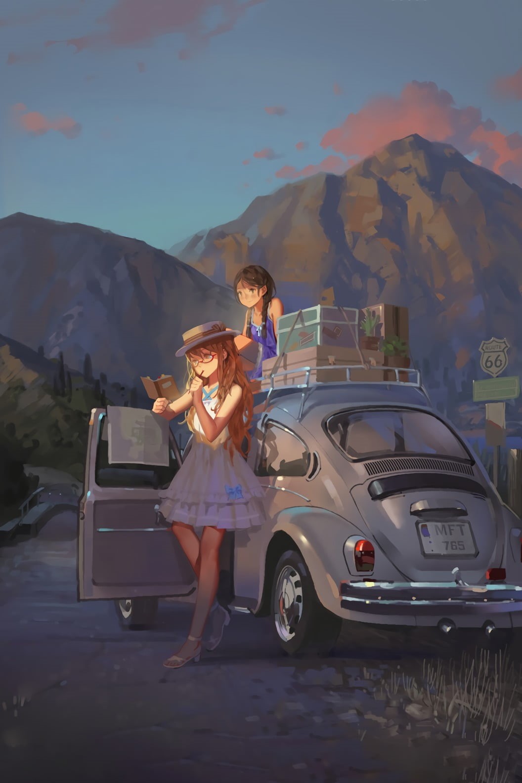 redhead, leaning, human limb, nature, anime girls, fashion, glasses, transportation, full length, women, sky, land vehicle, men, Route 66, car, couple - relationship, Phone HD Wallpaper