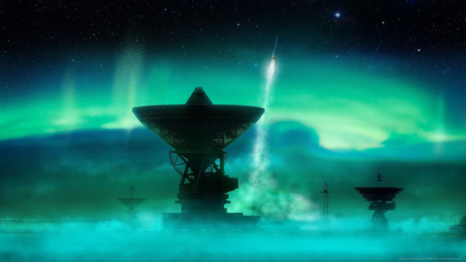 1080P, satellite dish, stars, cyan, science fiction, rocket, HD Wallpaper