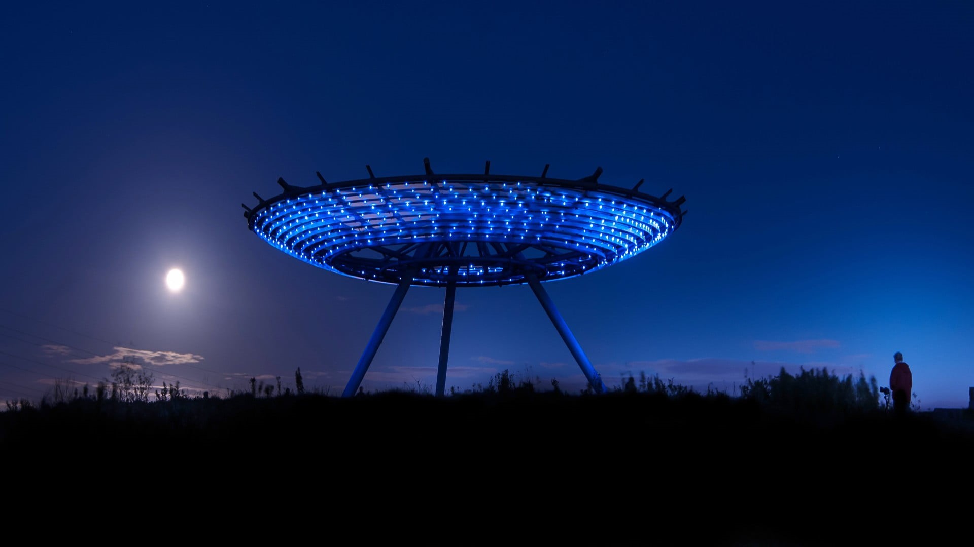 astronomy, amusement park, architecture, silhouette, light, sky, no people, outdoors, white, illuminated, sunrise, space, technology, 1080P, lights, plant, HD Wallpaper