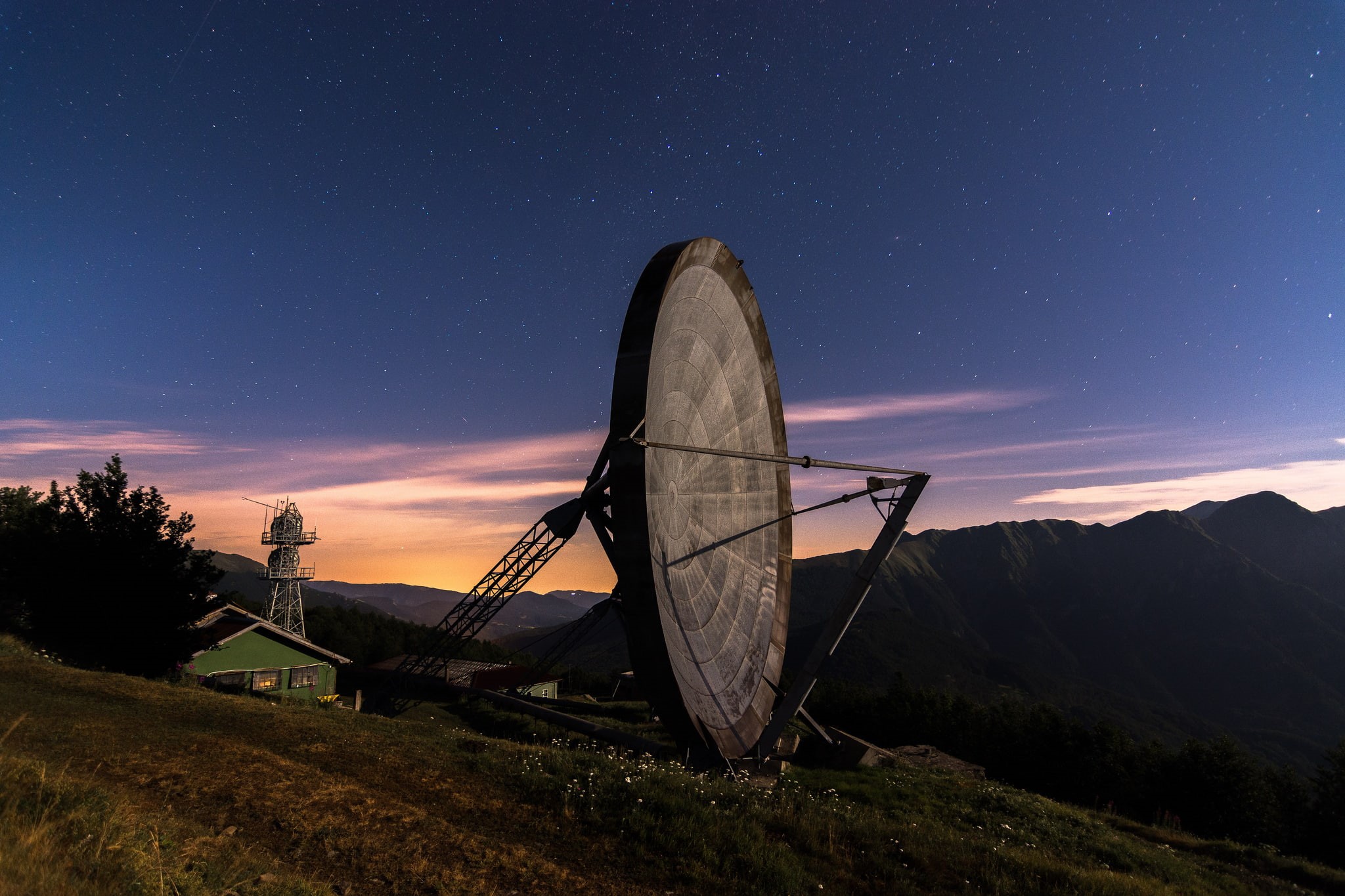astronomy, nature, star - space, house, scenics - nature, space, no people, night, space and astronomy, tranquil scene, sunset, landscape, satellite dish, HD Wallpaper