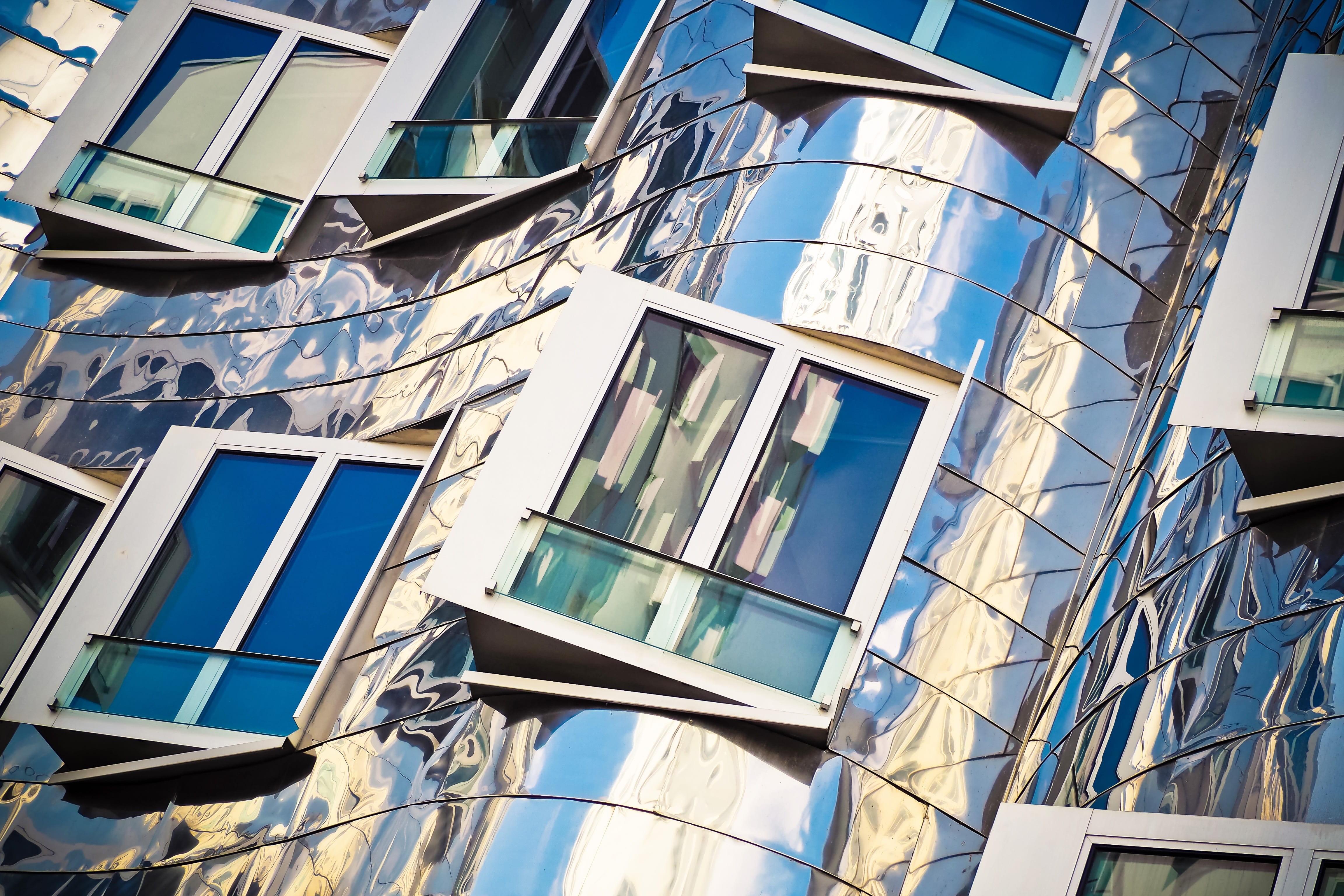 outdoors, gehry architecture, architecture, office building exterior, modern architecture, no people, gehry buildings, oblique, blue, düsseldorf, 4K, modern, HD Wallpaper