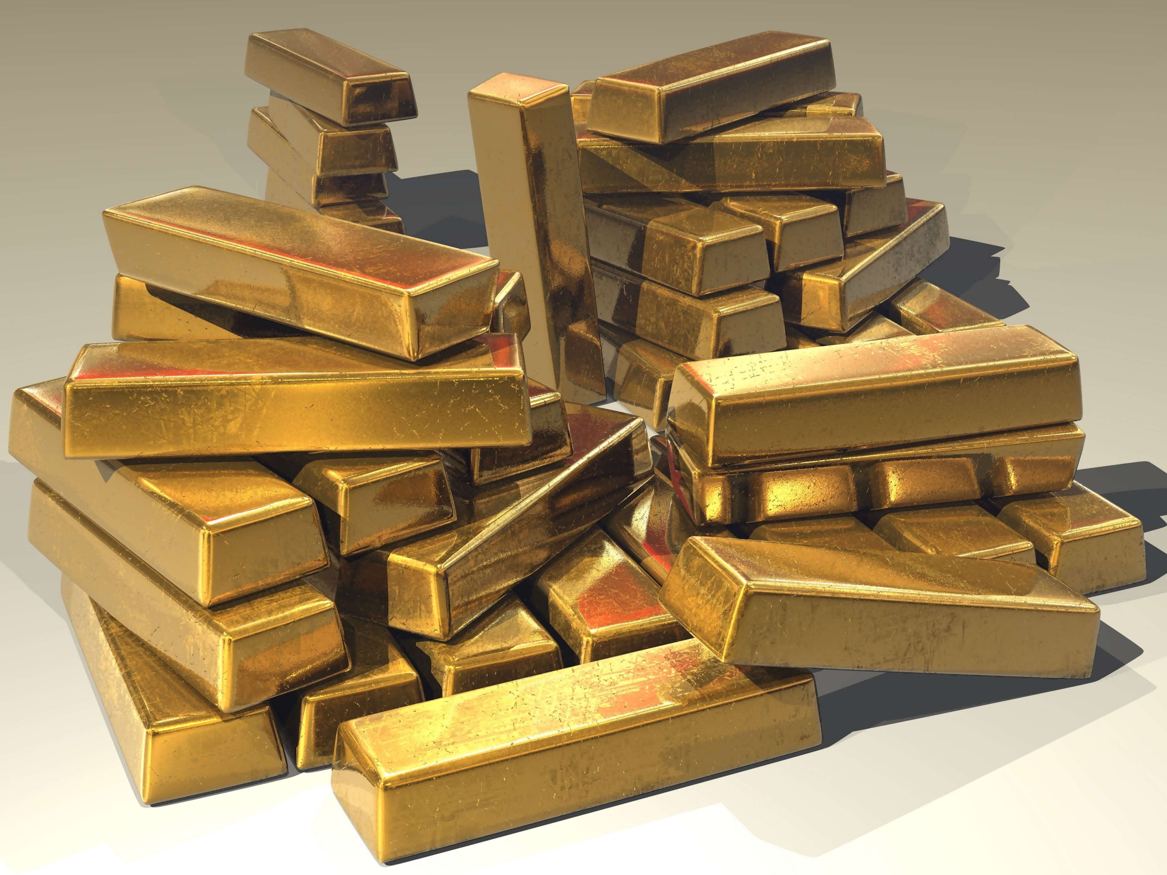 indoors, ingots, table, gold, 4K, ingot, gold bars, metal, pile, high angle view, large group of objects, close-up, studio shot, food, abundance, white background, HD Wallpaper