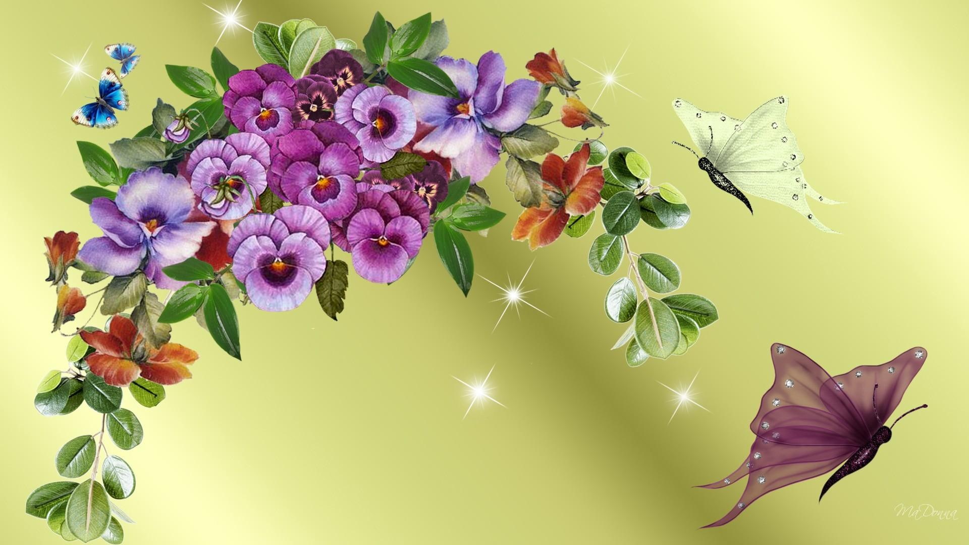 swag, stars, purple, start, 1080P, day, sparkls, beautiful, firefox persona, lavender, gold, green, leaves, pansies, butterflies, HD Wallpaper