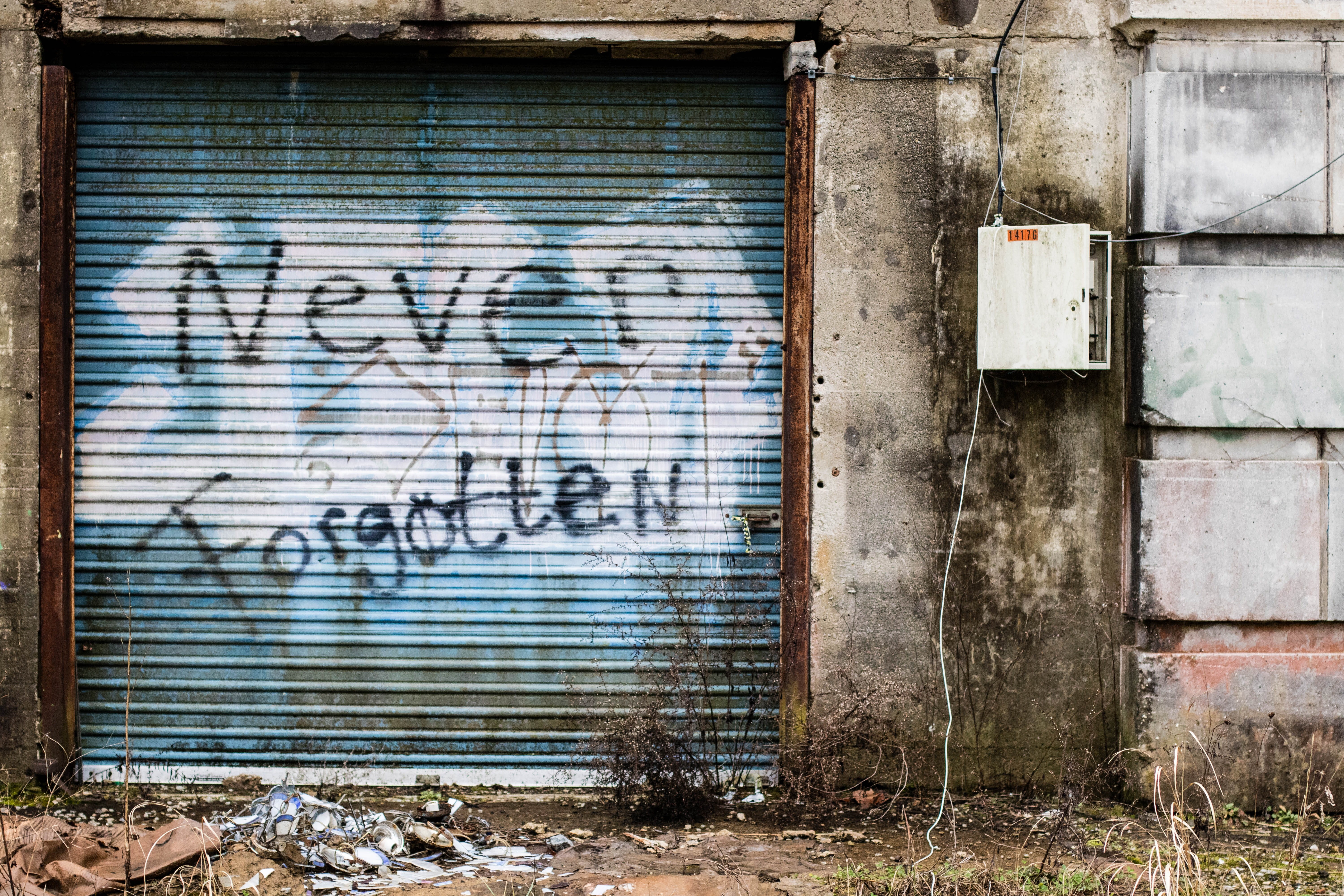 closed, weathered, photo, roller, close, deterioration, brick wall, architecture, wall, corrugated, iron, daytime, garage door, 5K, abandoned, built structure, HD Wallpaper