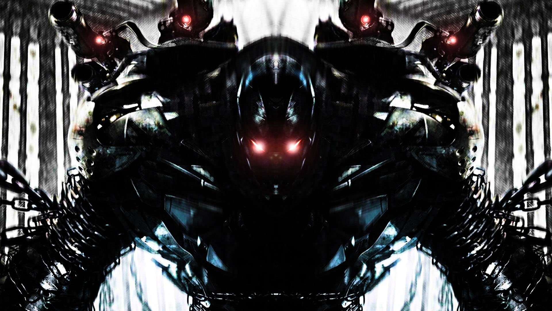 fantasy art, robot, technology, creativity, close-up, 1080P, decoration, silver colored, electricity, illuminated, focus on foreground, black color, symmetry, HD Wallpaper