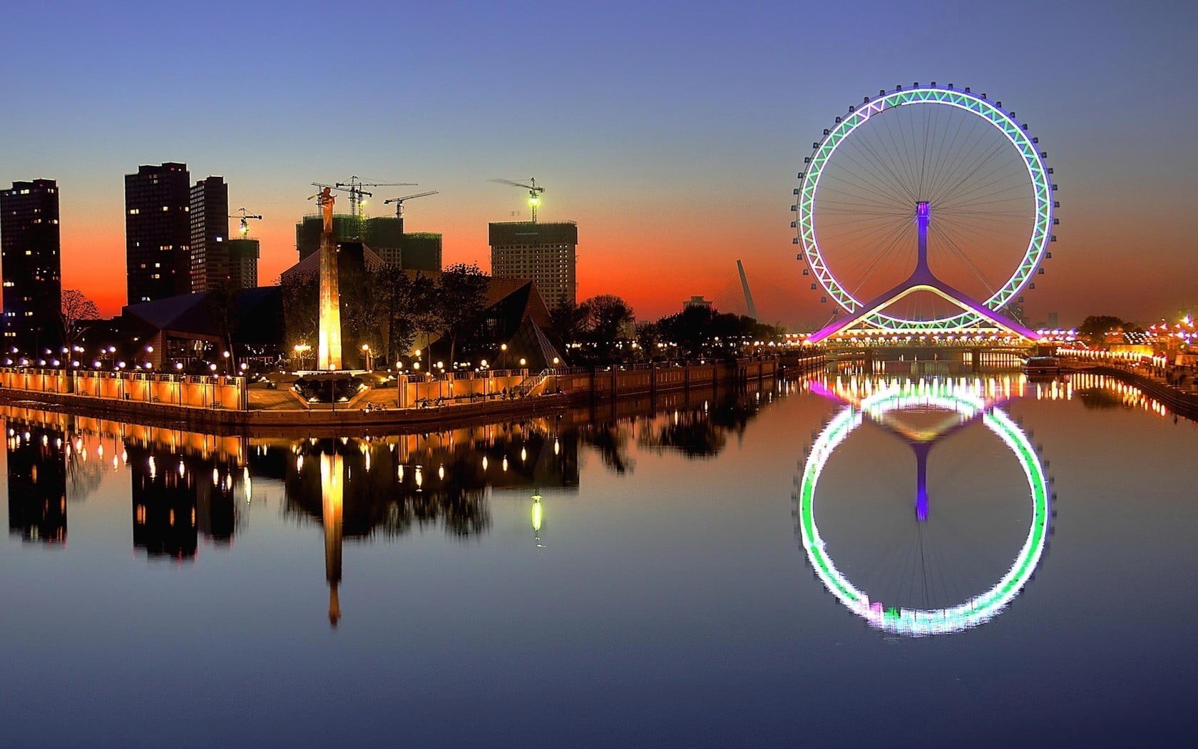 China, built structure, eye, night, travel destinations, building exterior, reflection, architecture, outdoors, skyscraper, building, amusement park, Tianjin, HD Wallpaper