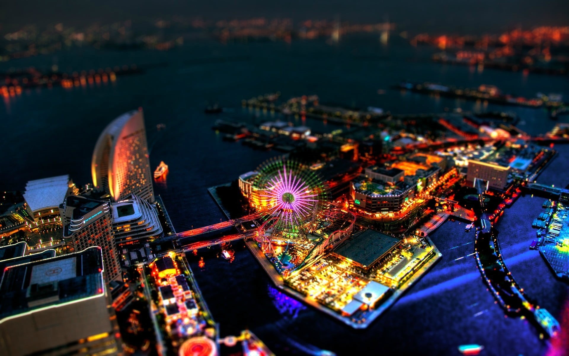 modern, photo, no people, city, angle, building exterior, cityscape, night, 1080P, financial district, Japan, water, business, amusement park, dusk, aerial View, HD Wallpaper