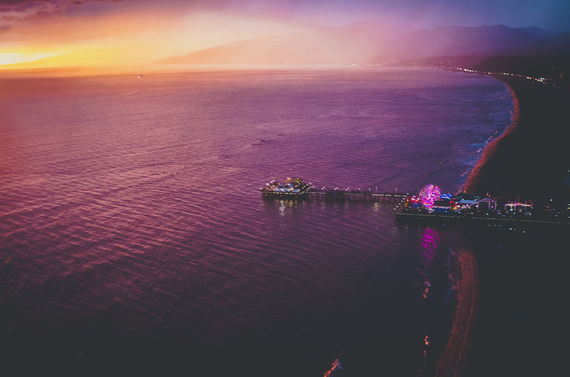 sea, santa monica, 1080P, ferris wheel, coast, wheels, sunset, California, bay, beach, pier, HD Wallpaper