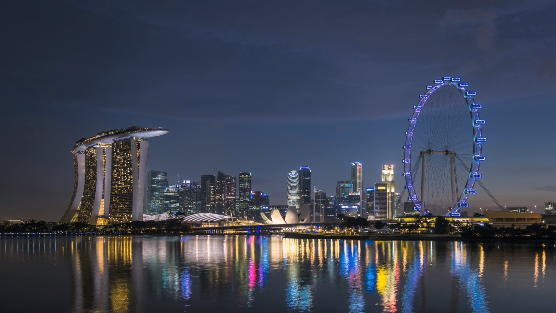 skyline, 1080P, Singapore, ferris wheel, reflection, Marina Bay, HD Wallpaper