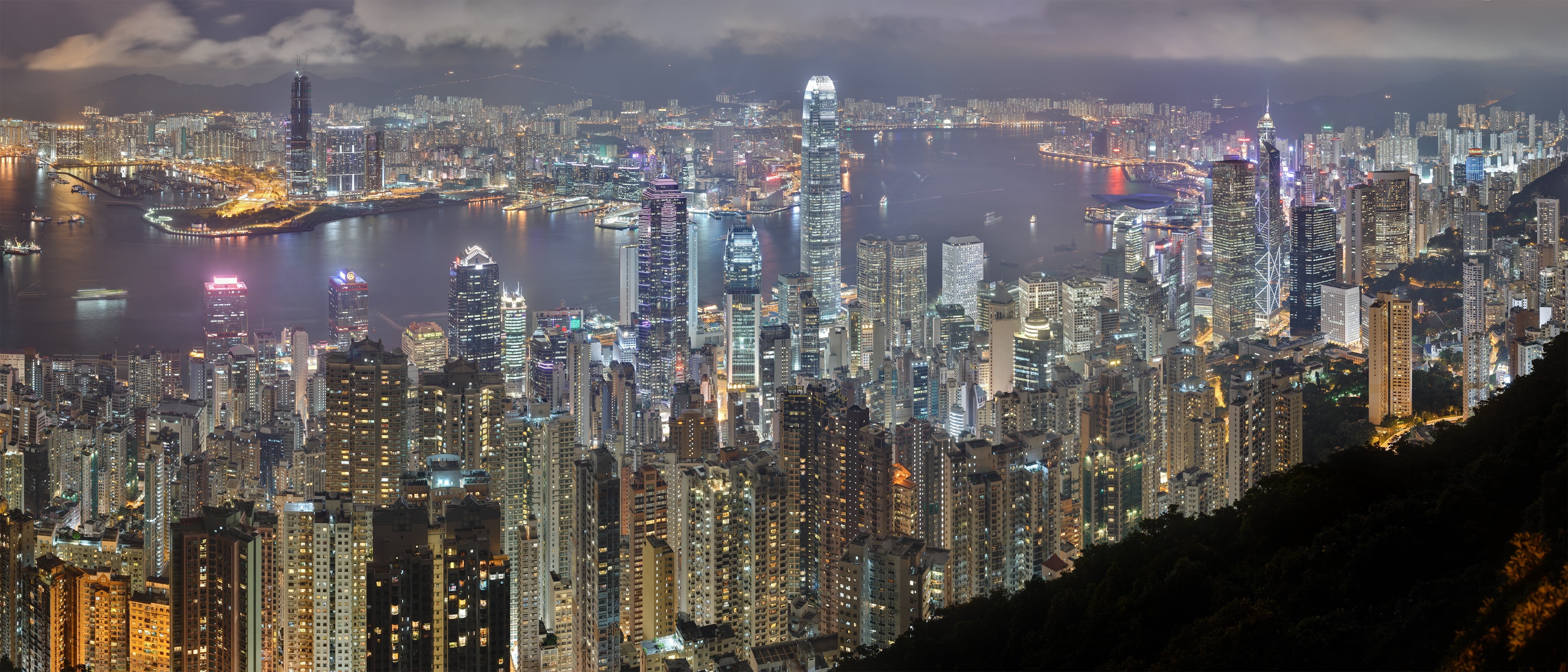 building, city, Hong Kong, cityscape, skyscraper, office building exterior, travel destinations, lot, water, modern, concrete, building exterior, night, HD Wallpaper
