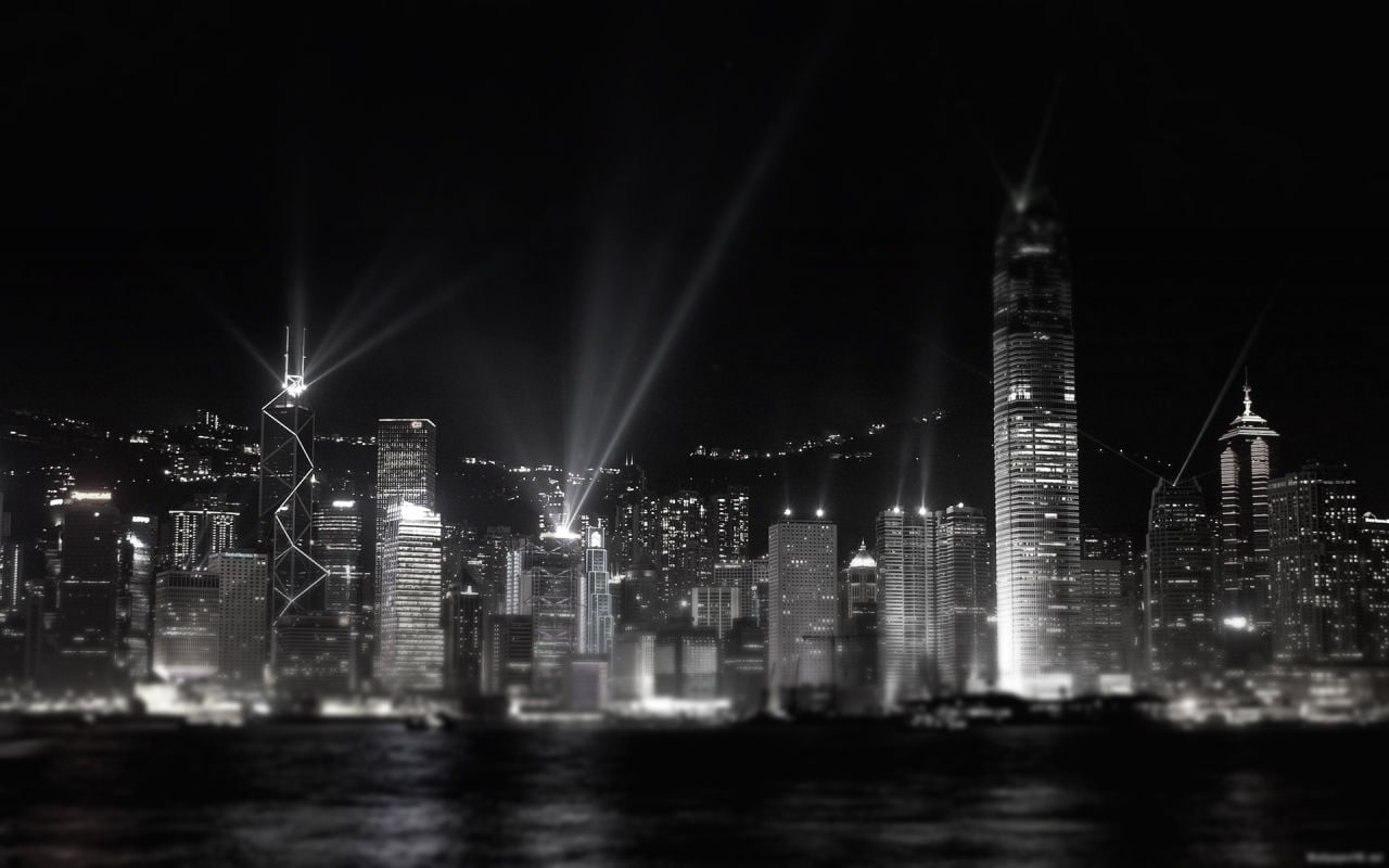 Hong Kong, building, water, no people, sky, built structure, office building exterior, landscape, reflection, night, city, 720P, light beam, cityscape, HD Wallpaper