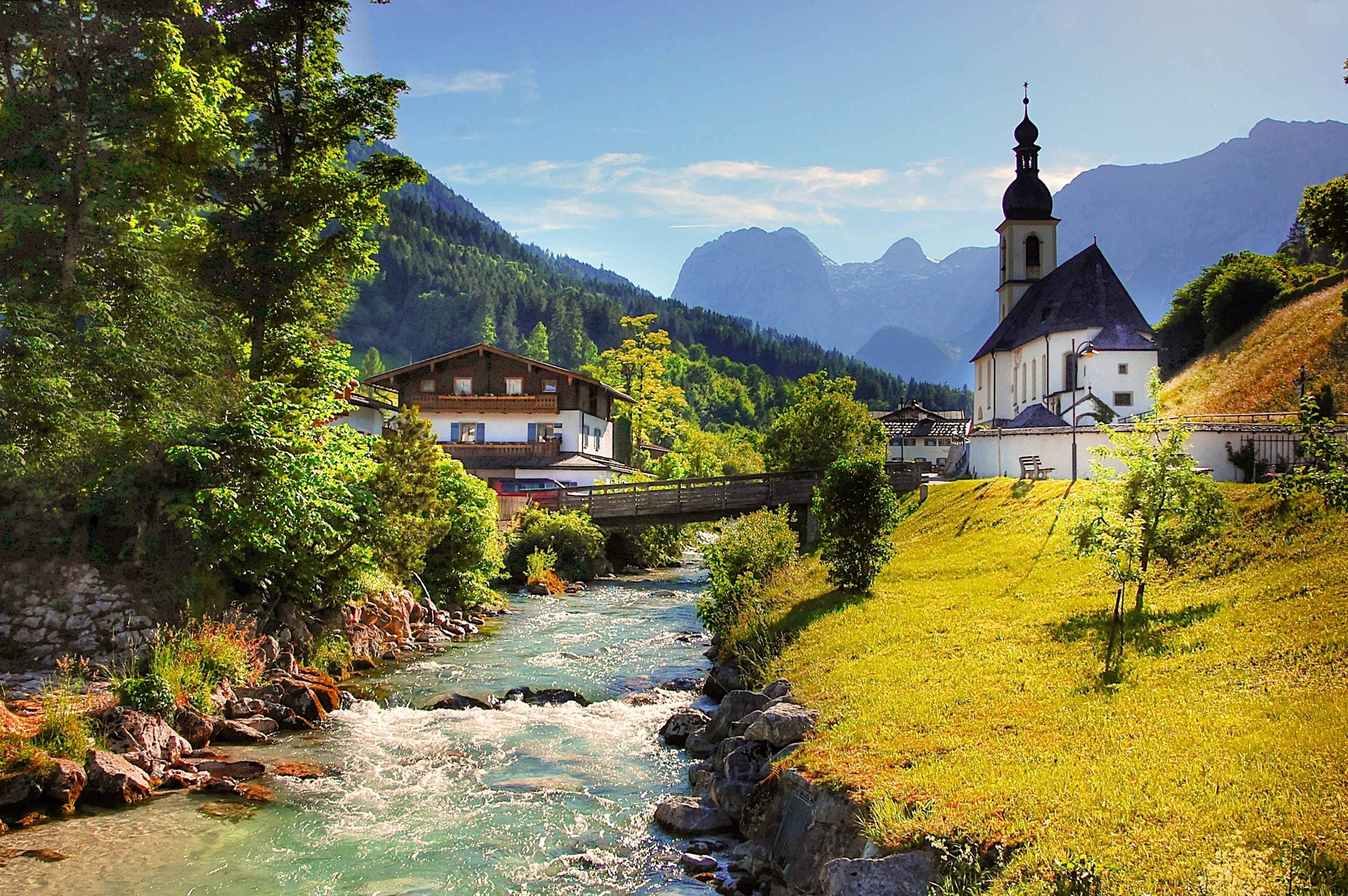 upper bavaria, nature, rock wall, outdoors, blue, alpine, landscape, scenics - nature, catholic, house of worship, house, river, sky, water, 2K, ramsau, HD Wallpaper