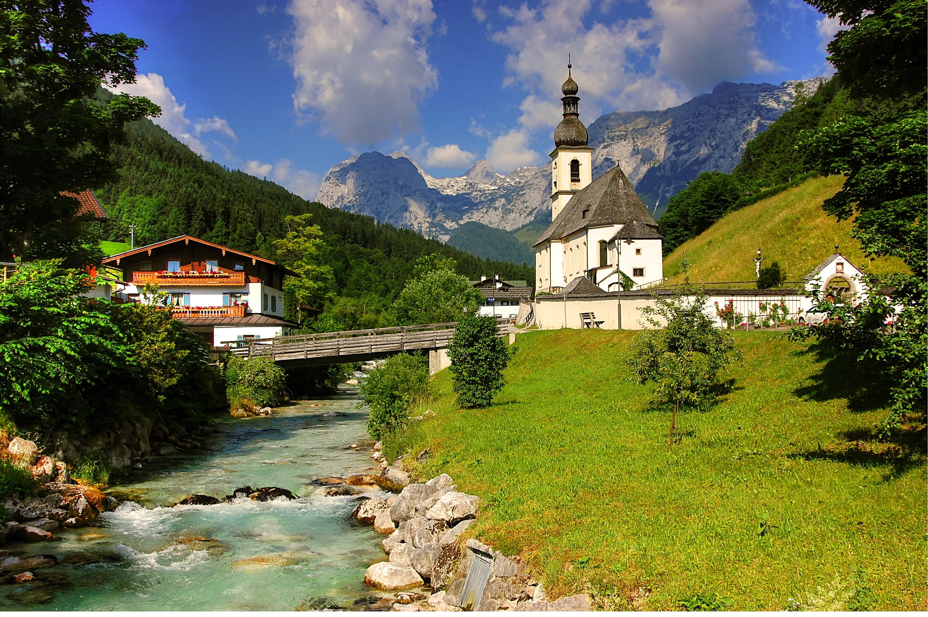 river, landmark, alpine, mountain range, mountain, berchtesgaden, religion, rock wall, believe, Christen, bavarian alps, outdoors, sky, house of worship, HD Wallpaper