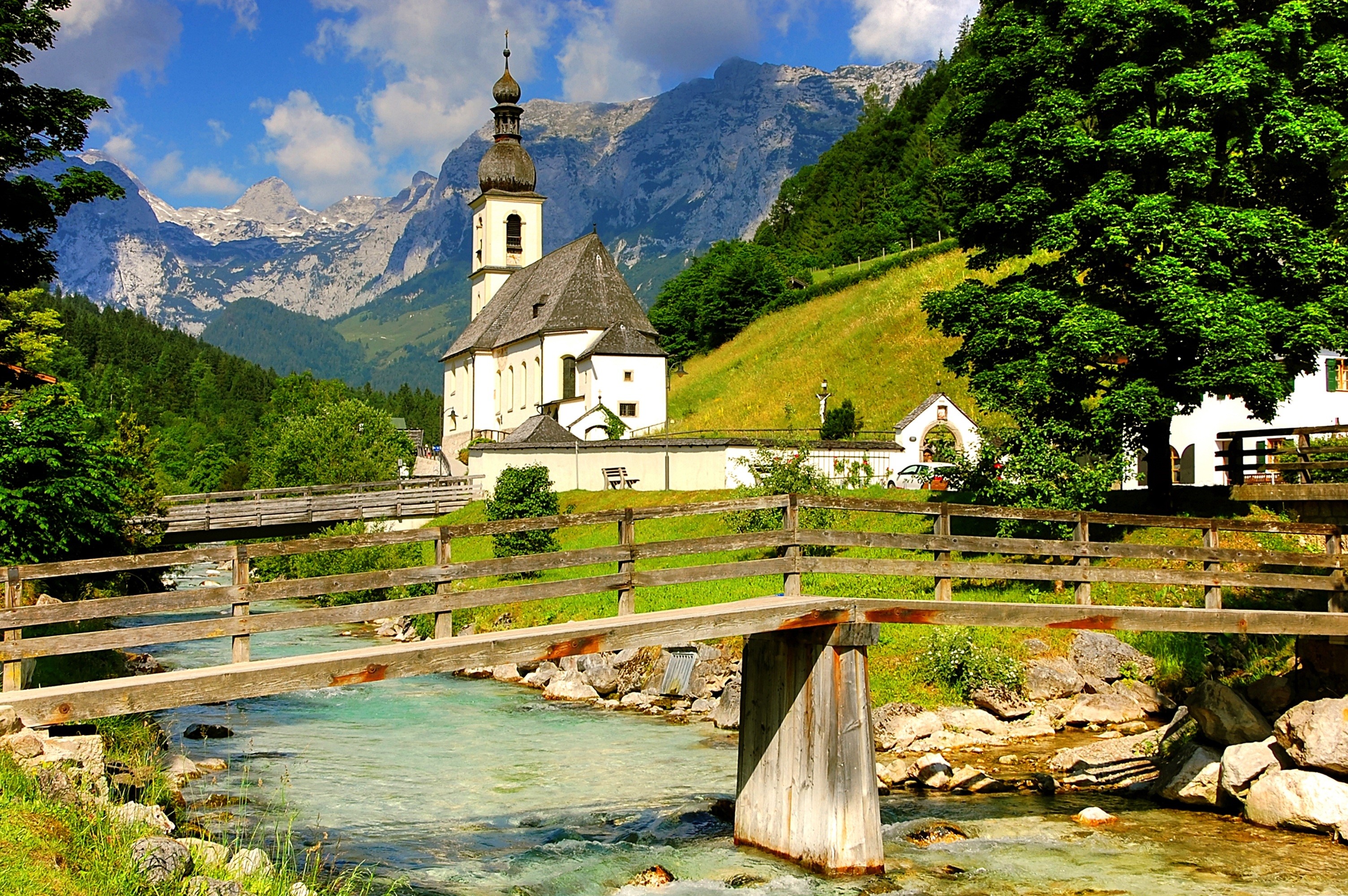 architecture, alpine, cathedral, mountain, bavarian alps, place of worship, outdoors, building, blue, surrounded, no people, berchtesgaden alps, berchtesgaden national park, HD Wallpaper