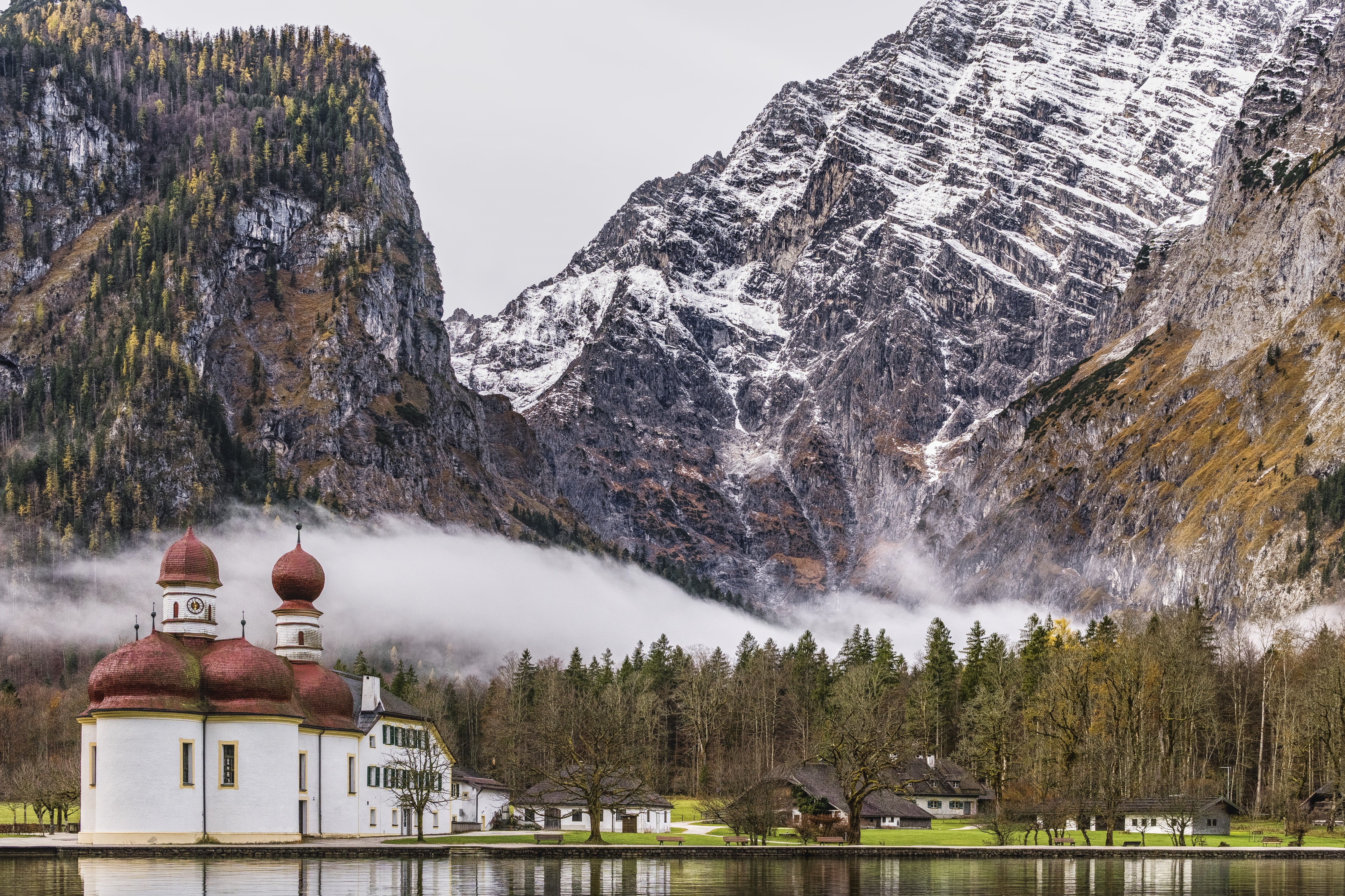 bartholomä, water, 5K, berchtesgaden, no people, scenics - nature, front, plant, king lake, monastery, watzmann east face, forest, snow, bartholomä st, HD Wallpaper