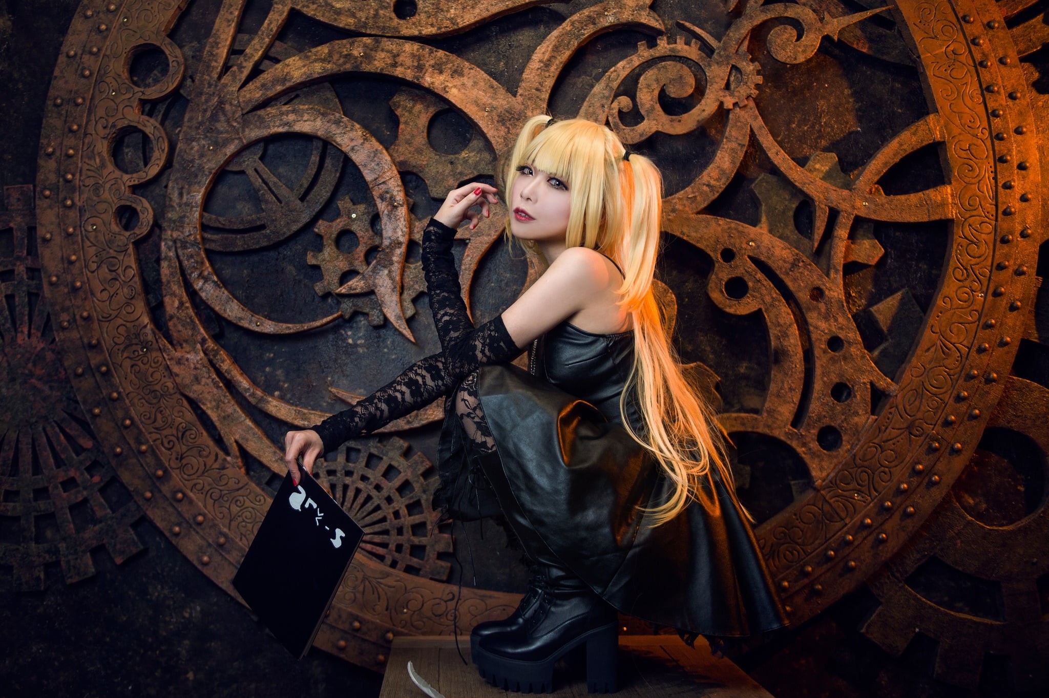 book, pose, costume, character, tails, squats, image, look, Asian, cosplay, face, girl, gear, outfit, dress, style, boots, long-haired, 1080P, makeup, HD Wallpaper