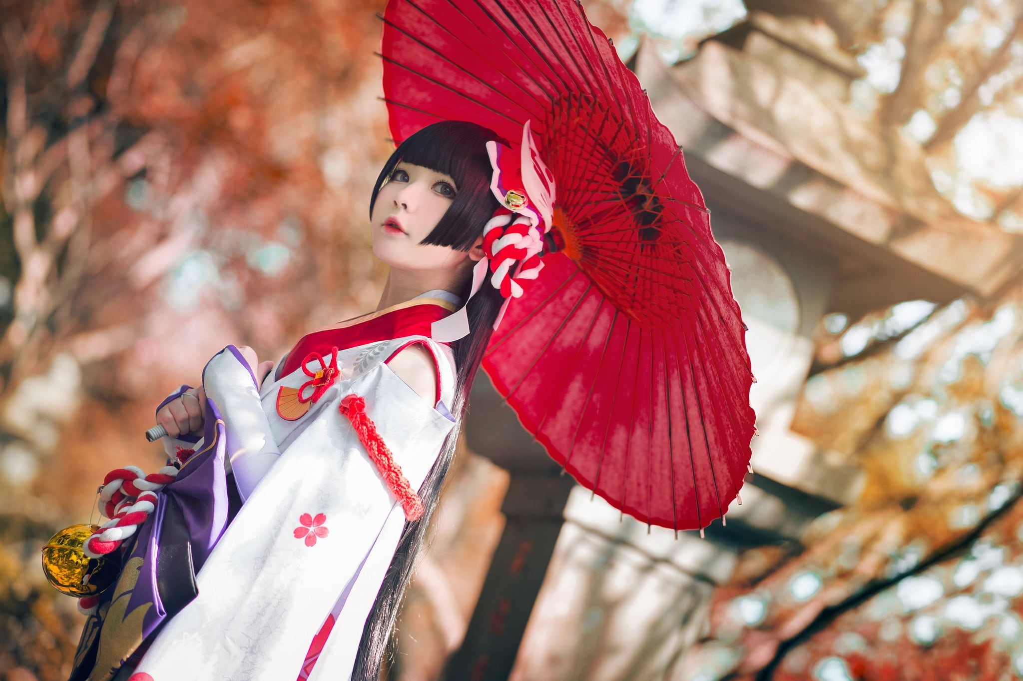 bokeh, outfit, umbrella, face, girl, cosplay, image, autumn, background, character, costume, look, 1080P, brunette, foliage, Asian, style, walk, makeup, HD Wallpaper