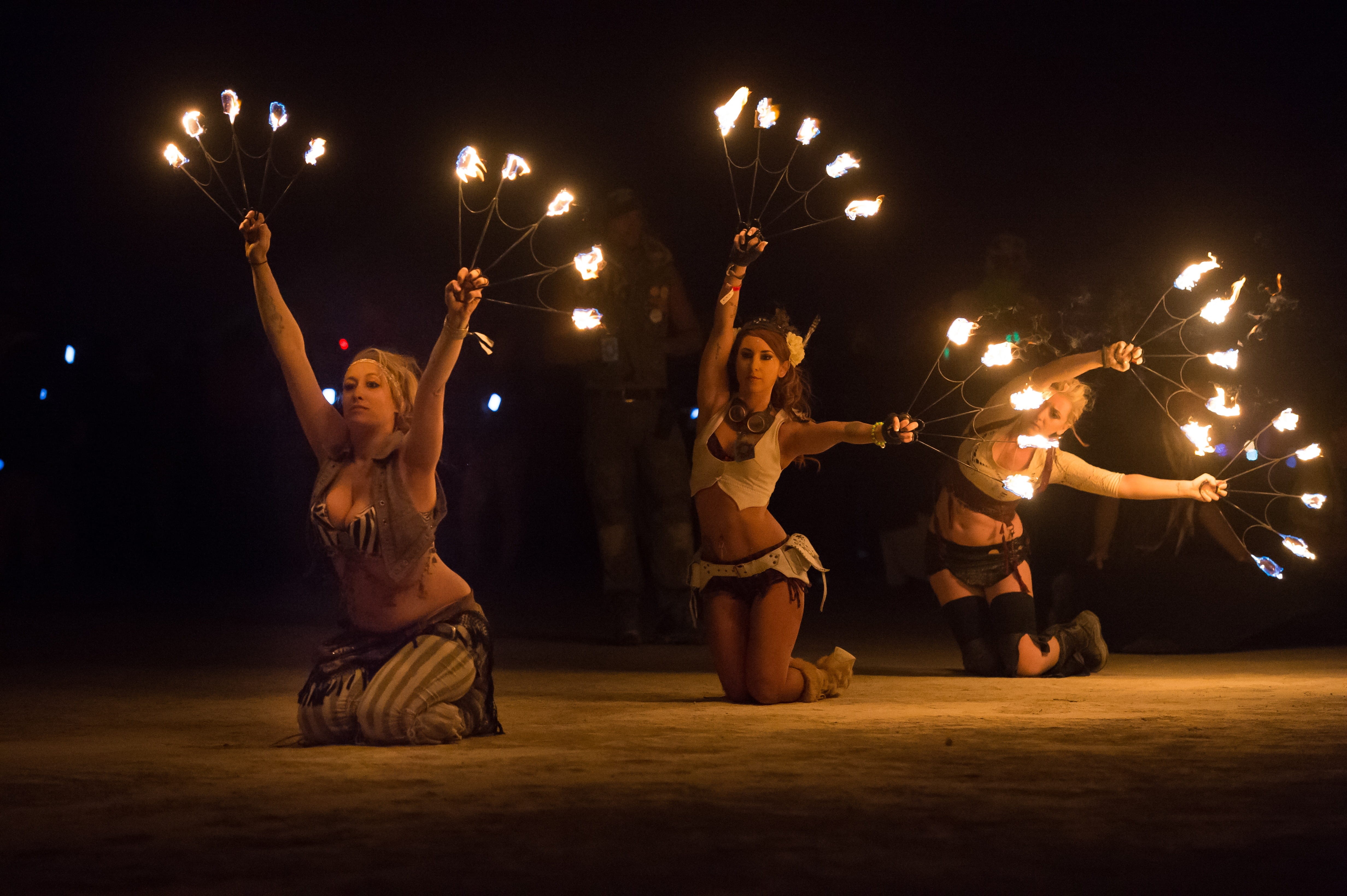 nightlife, stage - performance space, illuminated, adult, fire, woman, skill, women, music, 4K, group of people, motion, Fire Dancer, men, young adult, HD Wallpaper