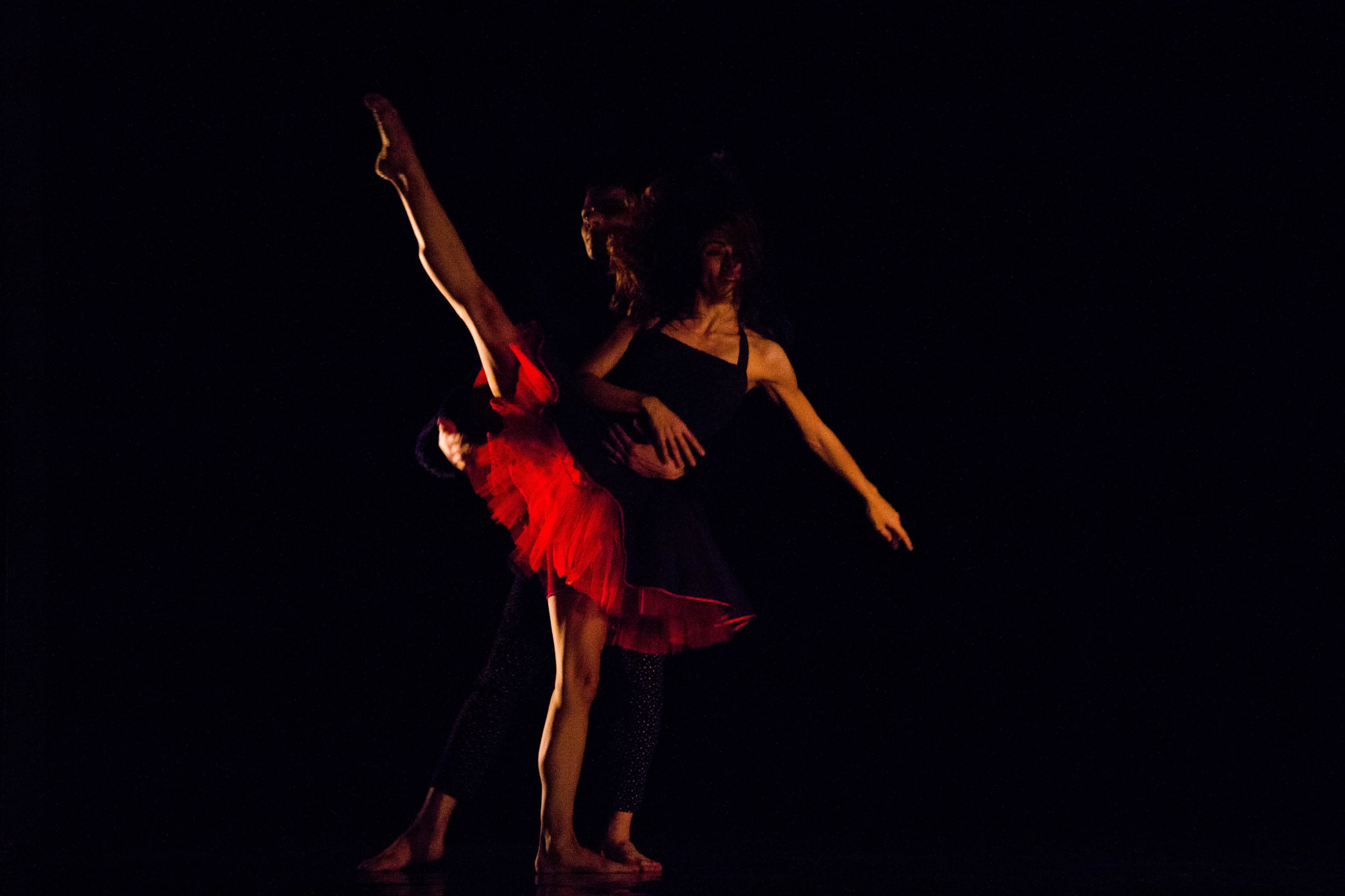 scene, elegance, 5K, studio shot, music, adult, human limb, arms raised, choreography, lighting, barefoot, full length, performance, stage, black background, HD Wallpaper