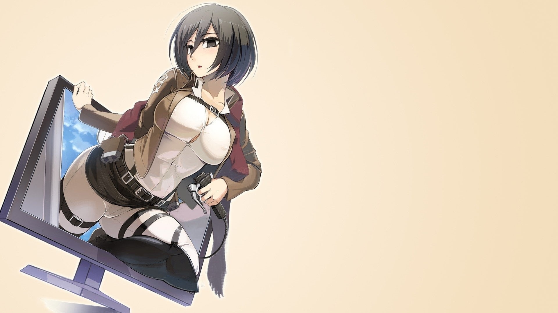 copy space, direction, Jacket, cyborg, human representation, lighting equipment, Anime, Uniform, Belt, Girl, low angle view, mikasa, camera - photographic equipment, HD Wallpaper