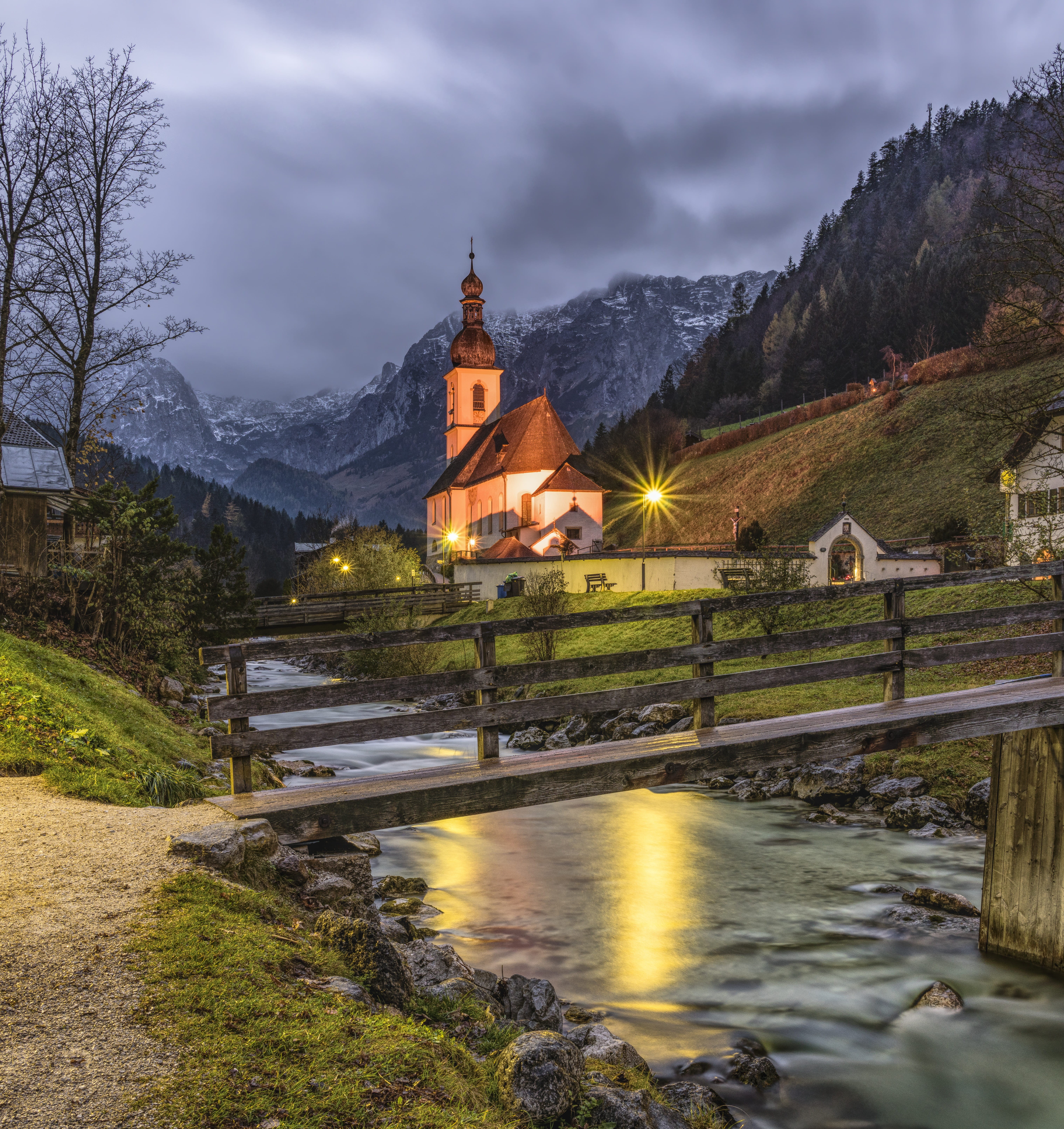 surrounded, cloud - sky, house of worship, dark, sky, grass, bavaria, architecture, christianity, no people, building, river, alpine, ramsau, green, church, Phone HD Wallpaper