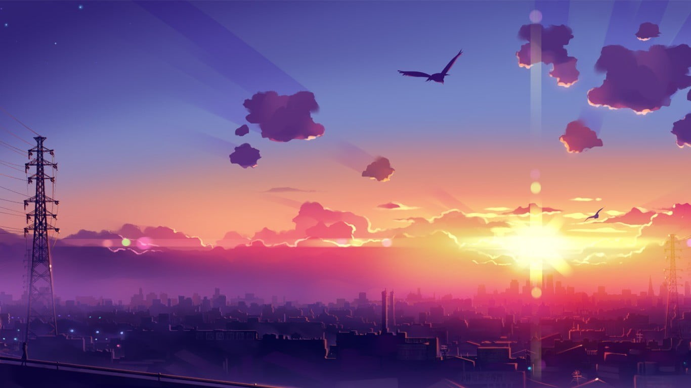 cloud - Sky, anime, architecture, landscape, sunset, dawn, sun, lens flare, dusk, flying, light - Natural Phenomenon, outdoors, beauty in nature, blue, HD Wallpaper