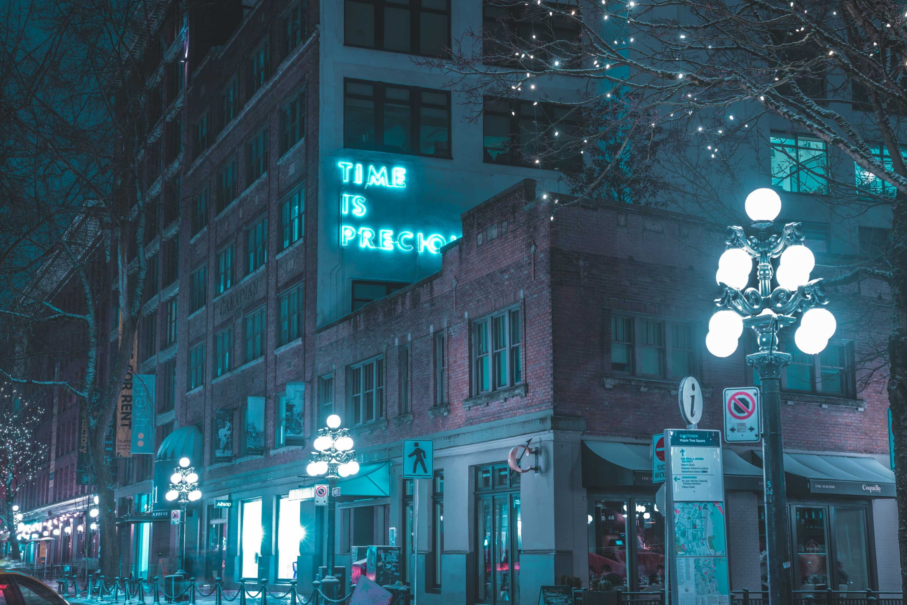 building, sign, glowing, tree, light, illuminated, gastown, outdoors, neonlights, built structure, lighting equipment, text, building exterior, street, HD Wallpaper