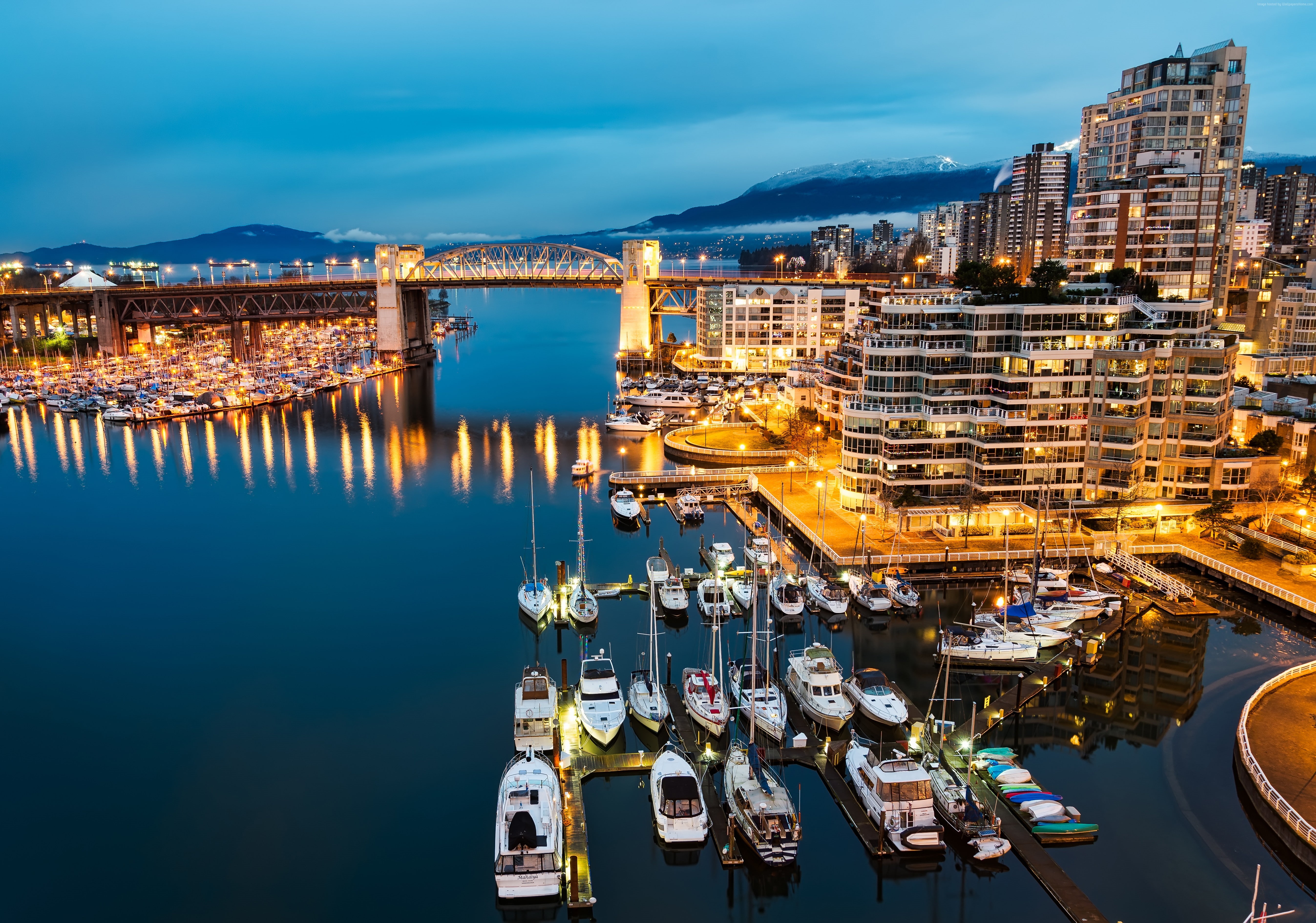 Canada, sea, blue, night, Island, Vancouver, Morning, boats, lights, 5K, water, Granville, travel, HD Wallpaper