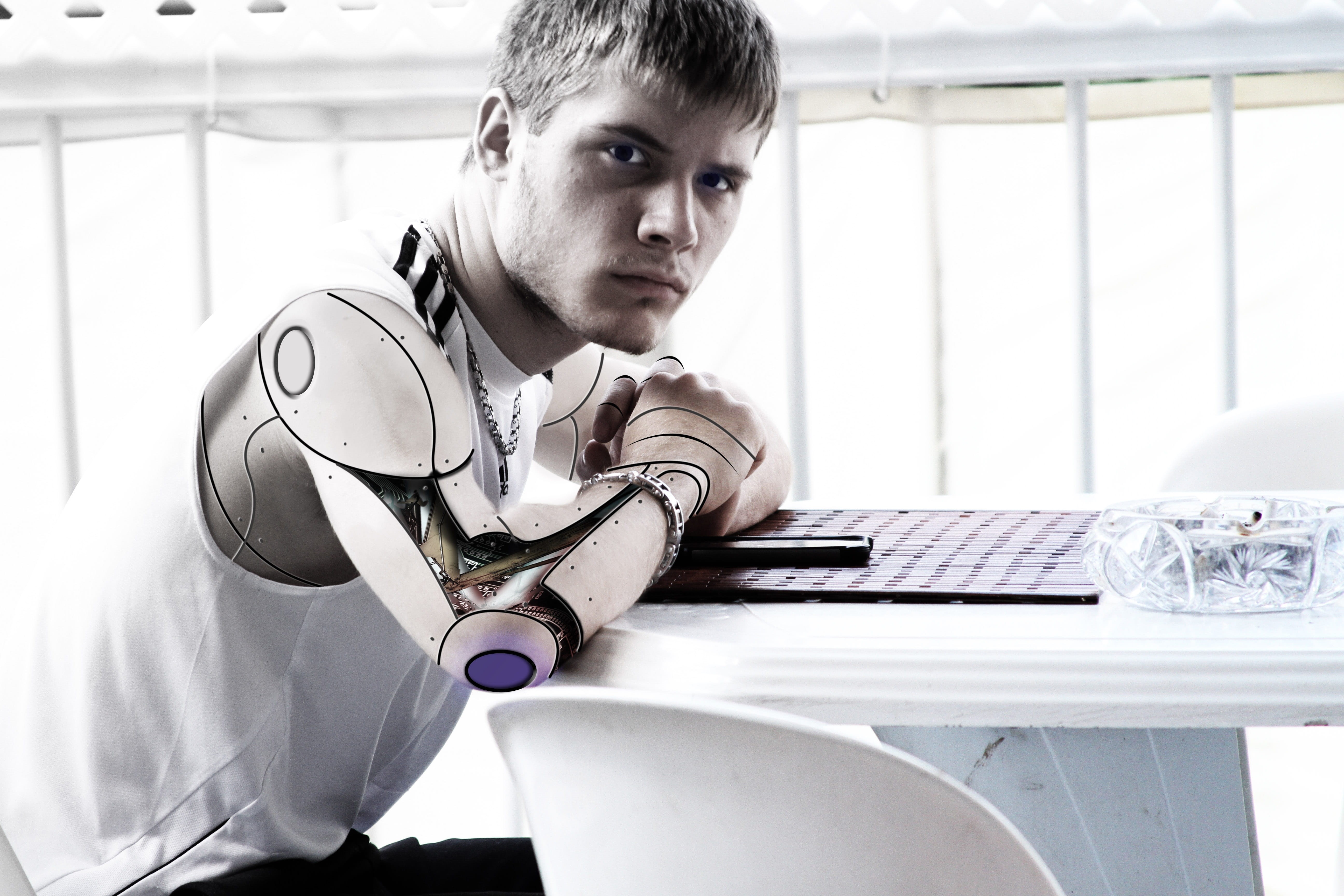 keyboard, metal, confidence, males, robot, contemplation, man, computer, equipment, white, steel, portrait, laptop, human, science, young adult, angry, HD Wallpaper