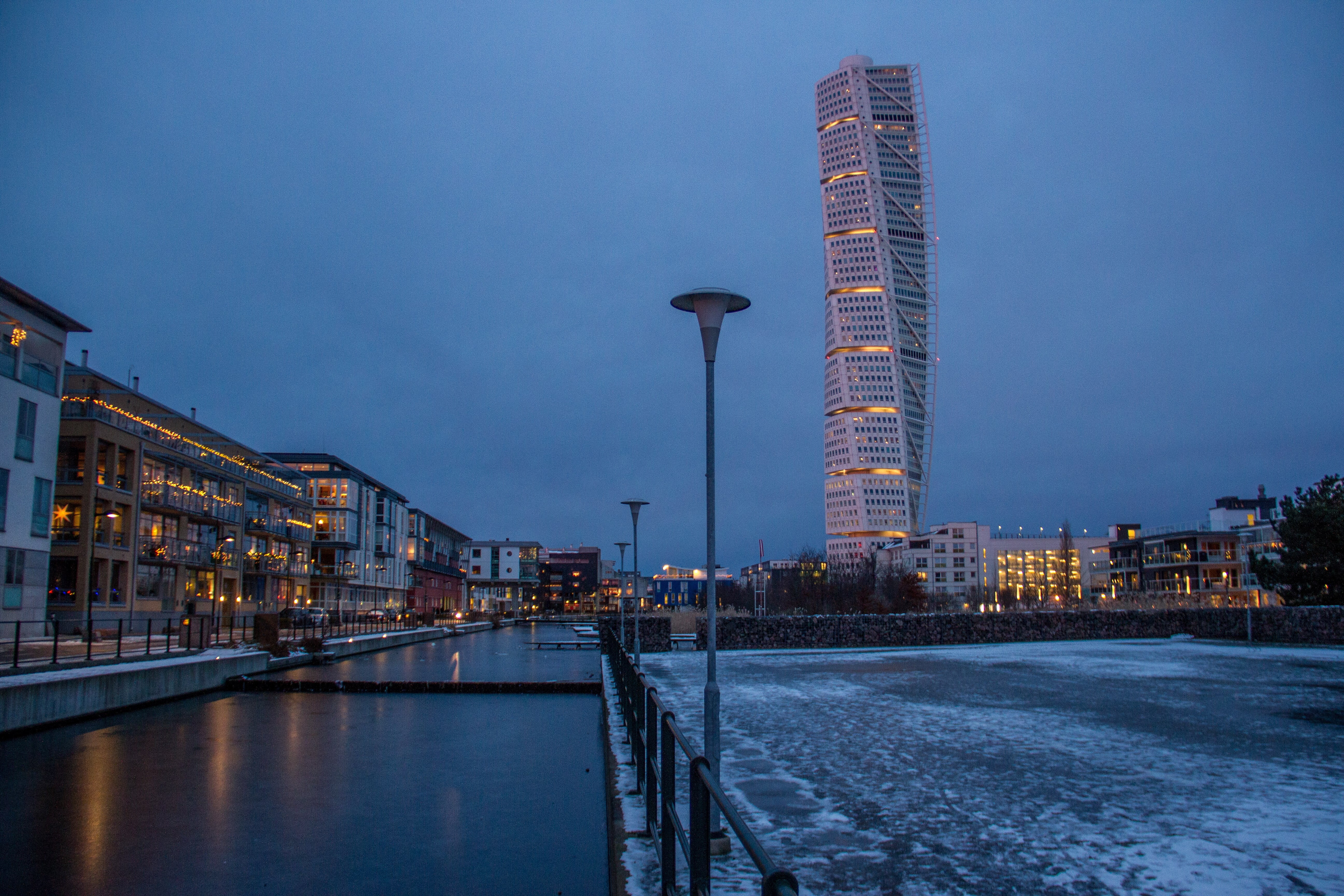 no people, city, street light, travel destinations, cityscape, turning torso, built structure, skyscraper, illuminated, nature, building, architecture, HD Wallpaper