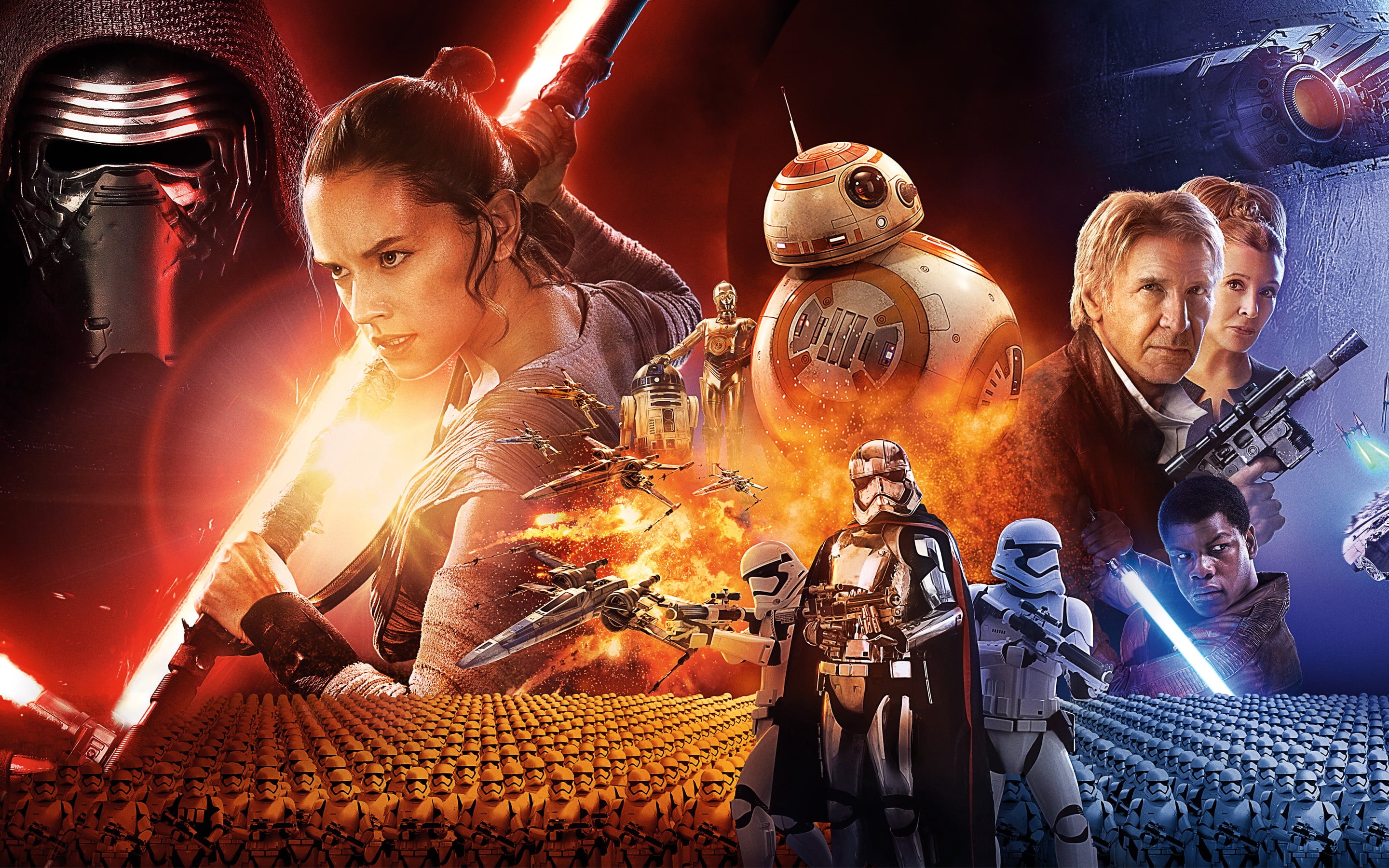 adult, night, low angle view, Star Wars: The Force Awakens, illuminated, poster, stormtroopers, robots, representation, John Boyega, 2K, characters, indoors, HD Wallpaper