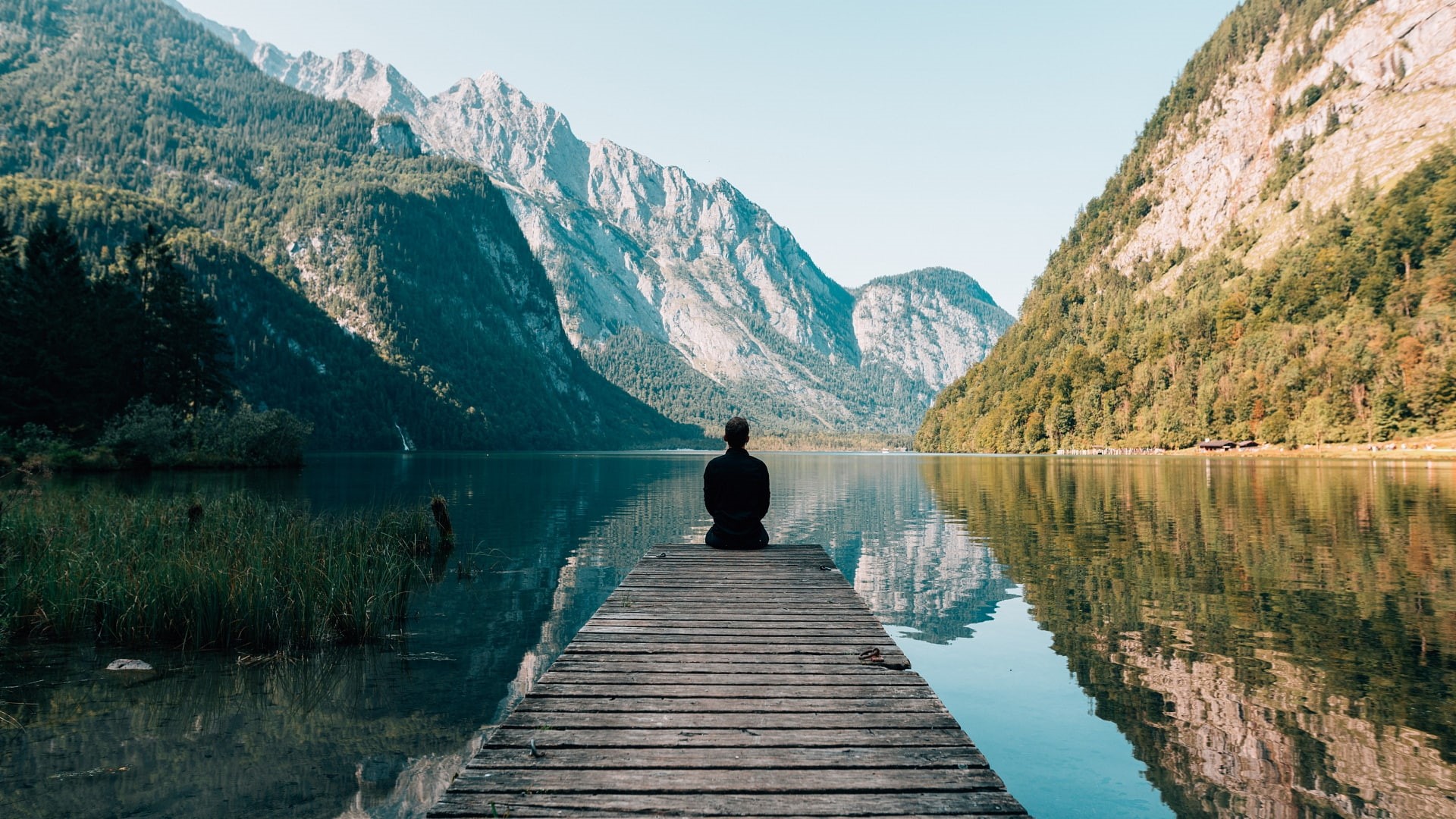 loneliness, 1080P, lake, men, mountains, landscape, HD Wallpaper