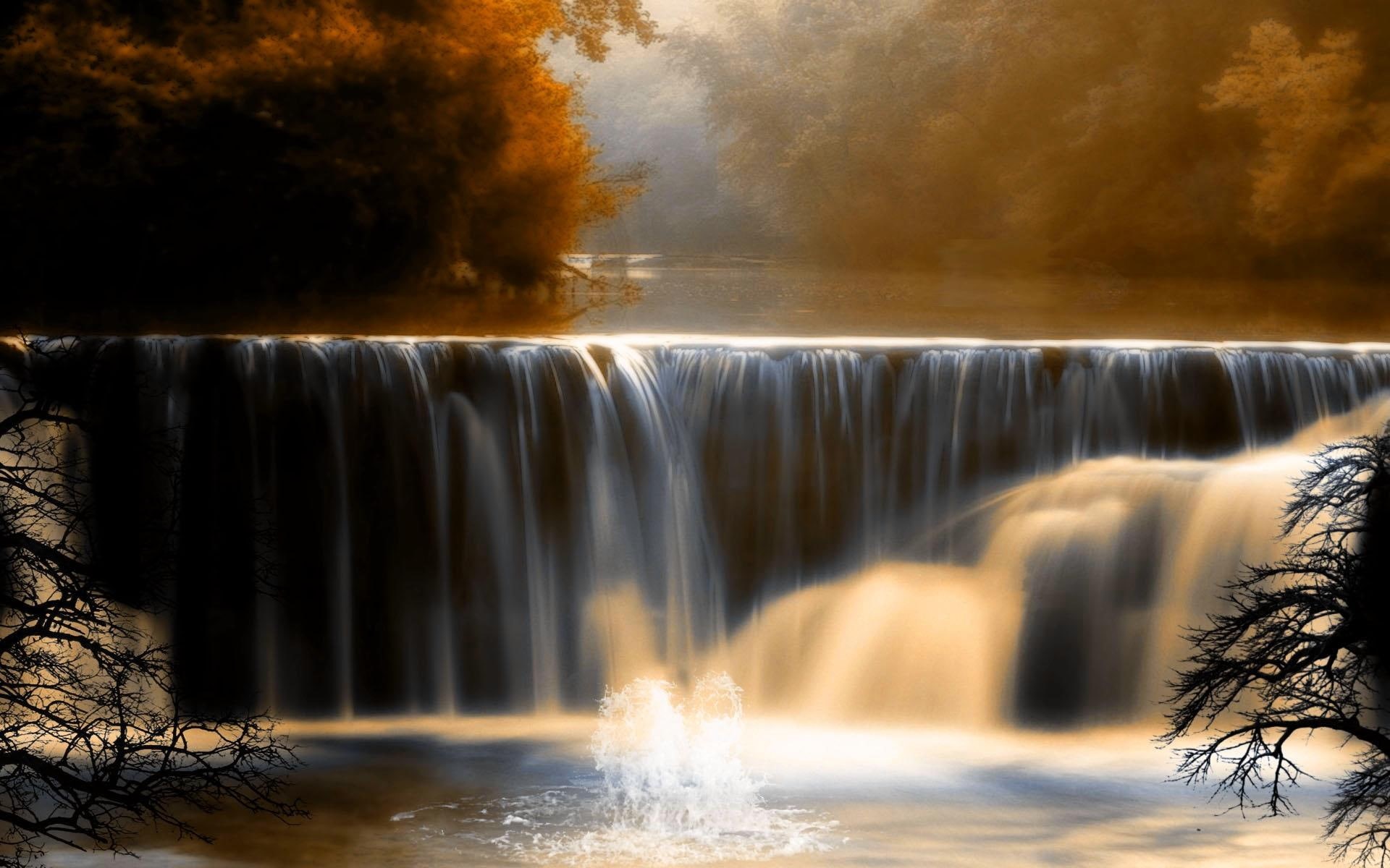 waterfall, falls, 1080P, 3d and abstract, forest, autumn, trees, beautiful, HD Wallpaper