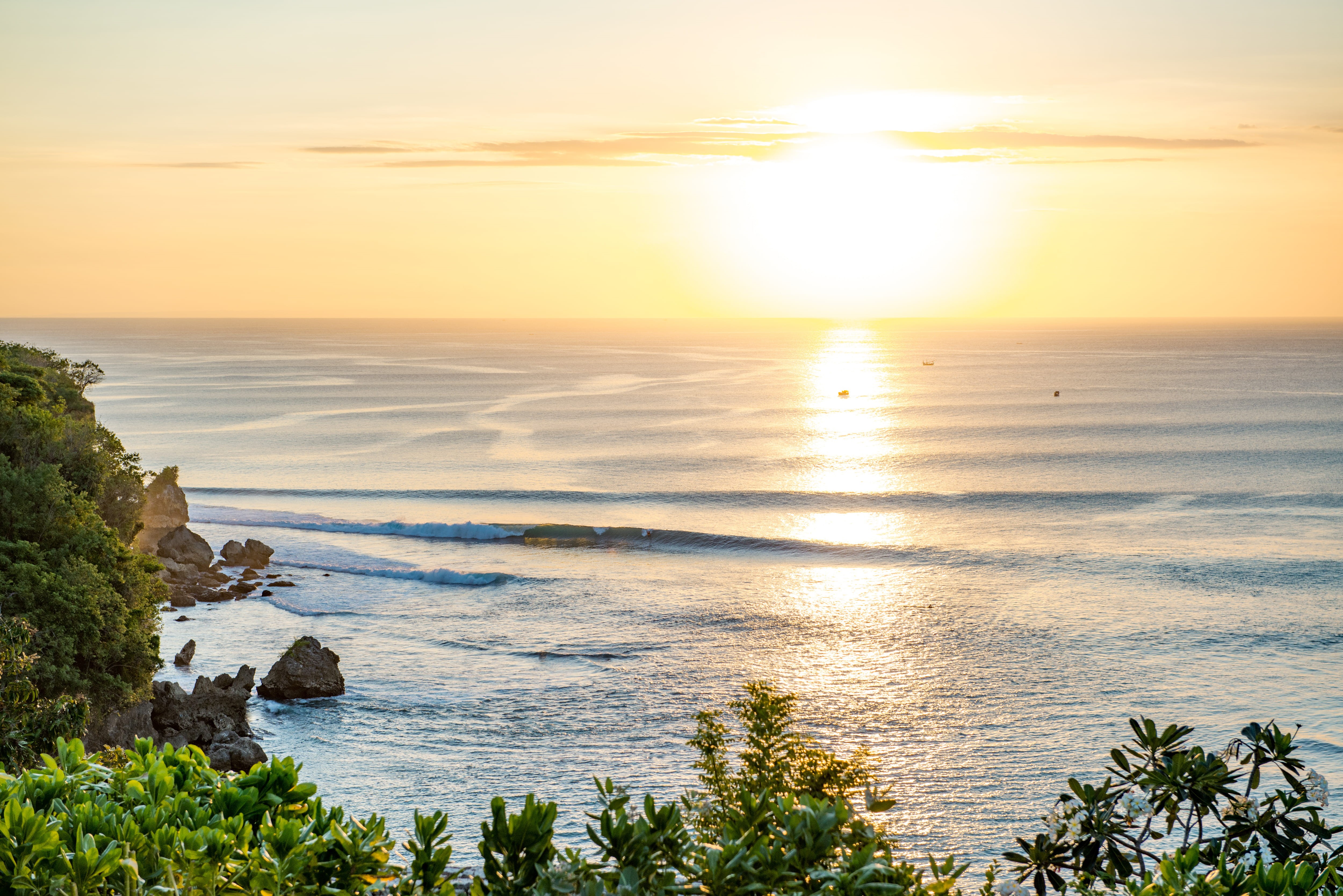 water, sea, orange color, bali, 4K, tranquil scene, beauty in nature, bodyboard, outdoors, no people, sunset, sky, indonesia, surf, plant, land, sun, horizon, HD Wallpaper