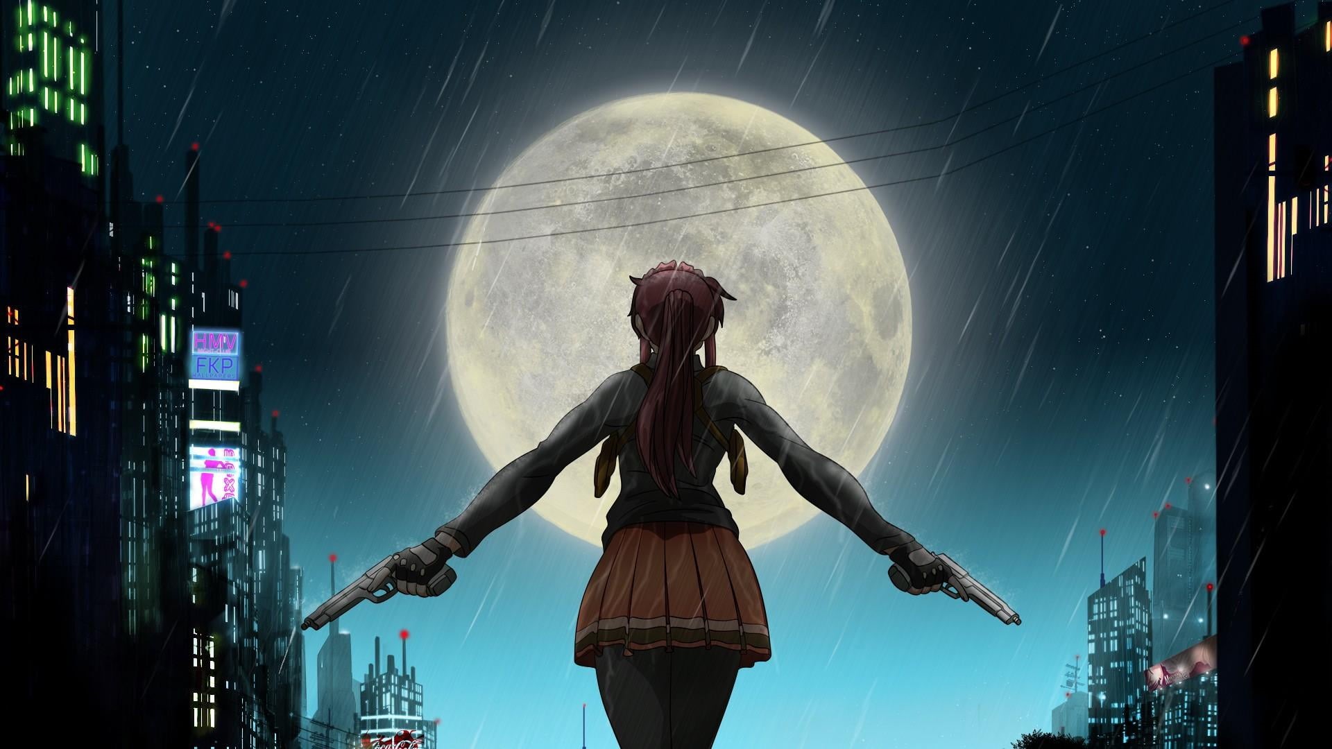 women, revy, pirate, panoramic, standing, 1080P, three quarter length, illuminated, rear view, building exterior, light, black lagoon, representation, HD Wallpaper