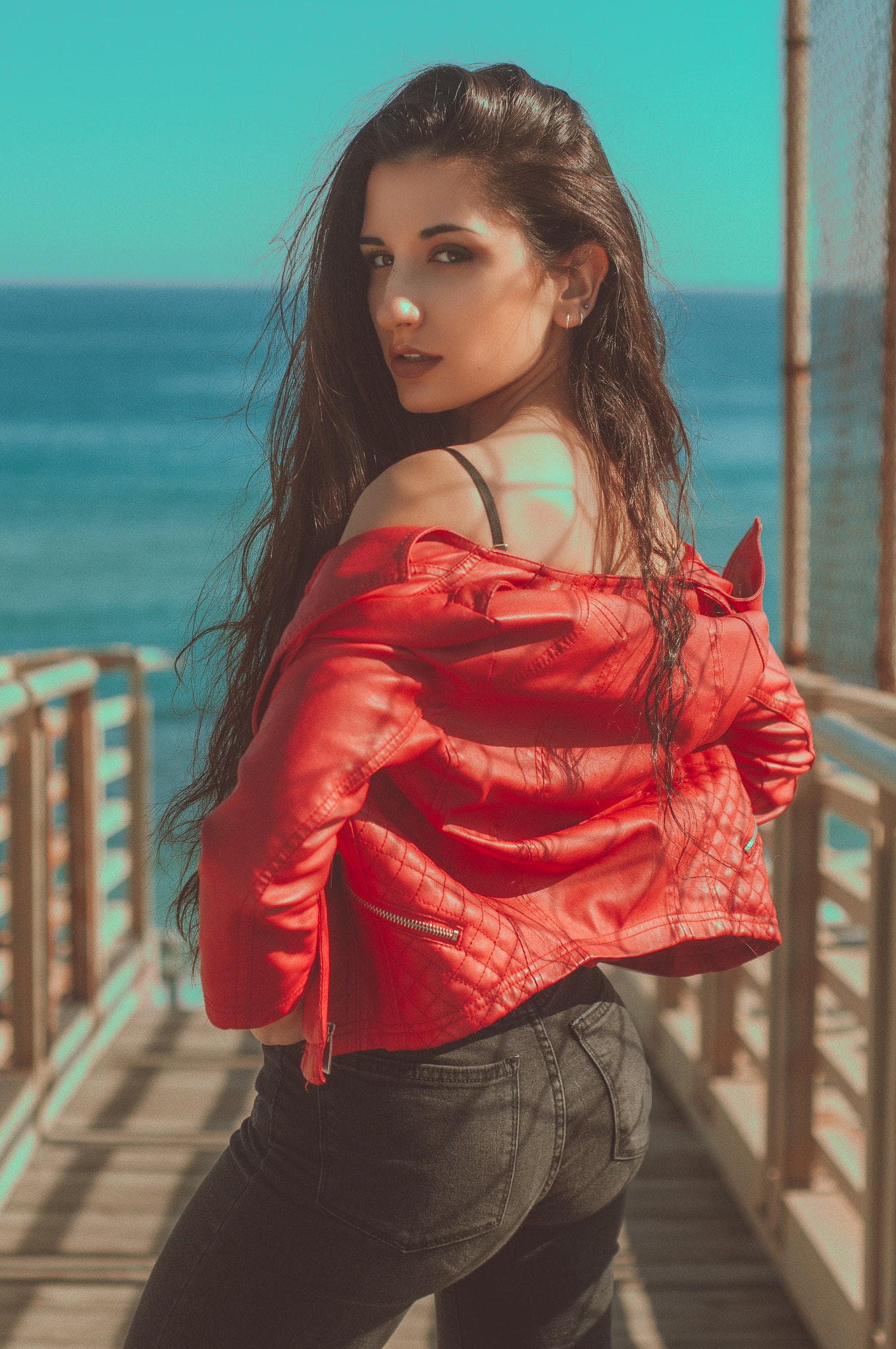 500px, long hair, urban, women outdoors, red jackets, leather jackets, 1080P, Ruben Cid, women, Phone HD Wallpaper