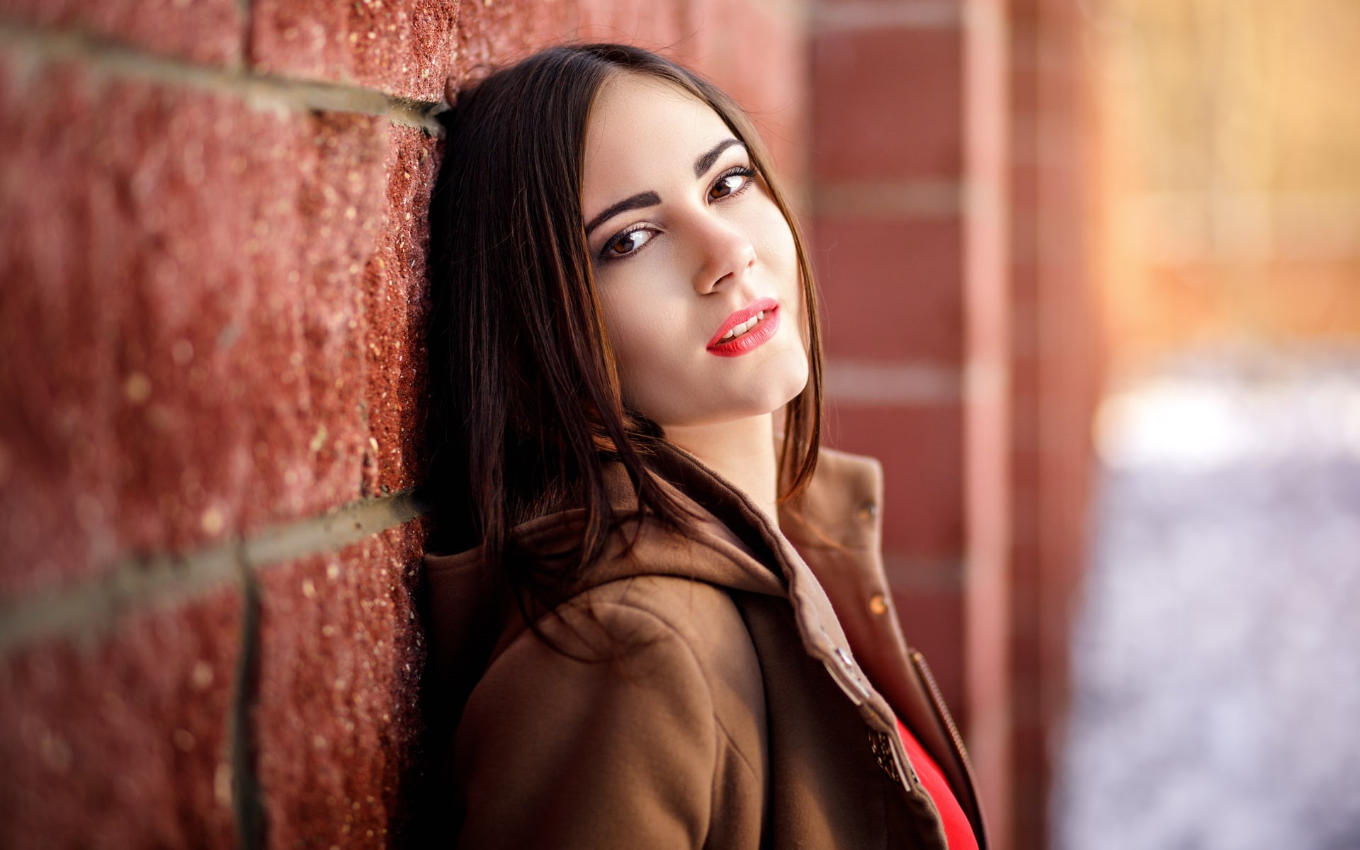 beauty, human face, elegance, model, young adult, young women, brown hair, women, bricks, red lipstick, beautiful woman, headshot, looking at camera, brick, HD Wallpaper