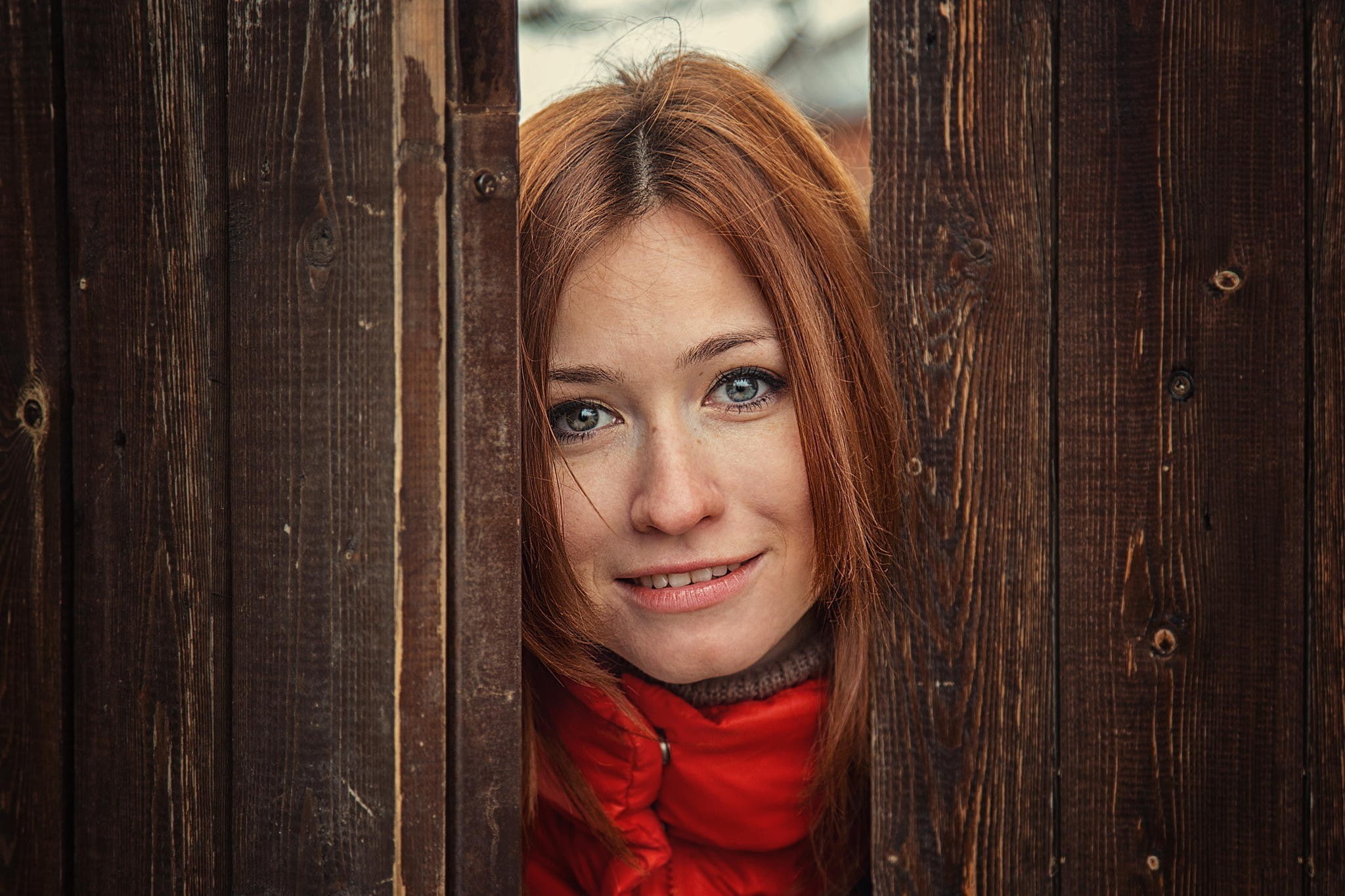 happiness, hairstyle, 1080P, young women, emotion, red jackets, lifestyles, one person, body part, adult, casual clothing, human face, redhead, beauty, HD Wallpaper