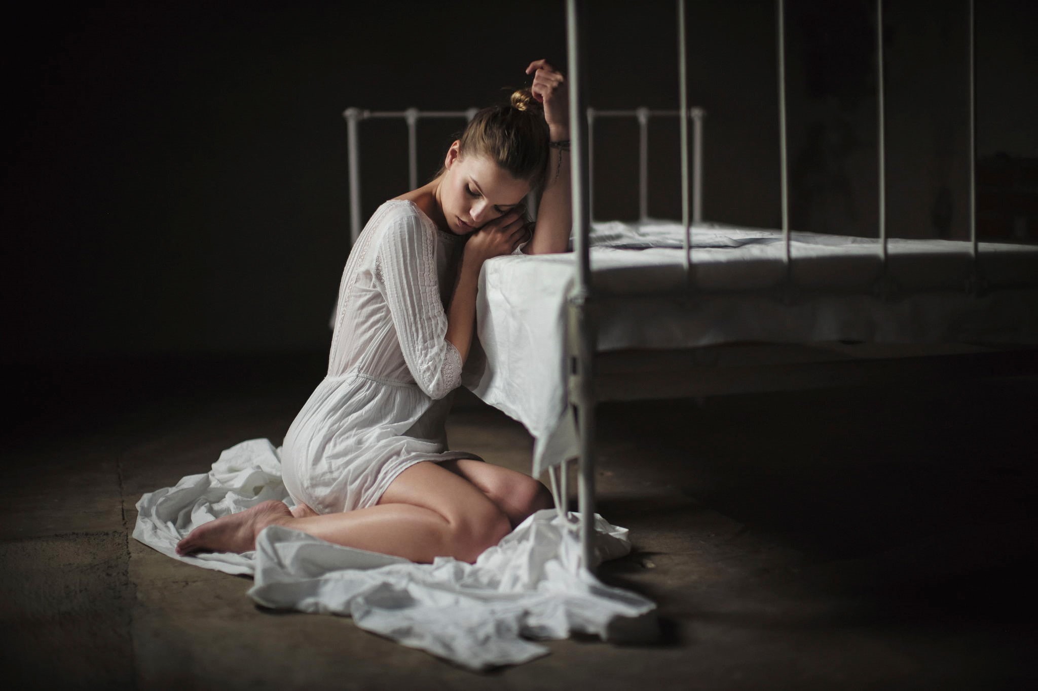 brunette, white dress, women, loneliness, 1080P, sitting, hairbun, bed, barefoot, HD Wallpaper