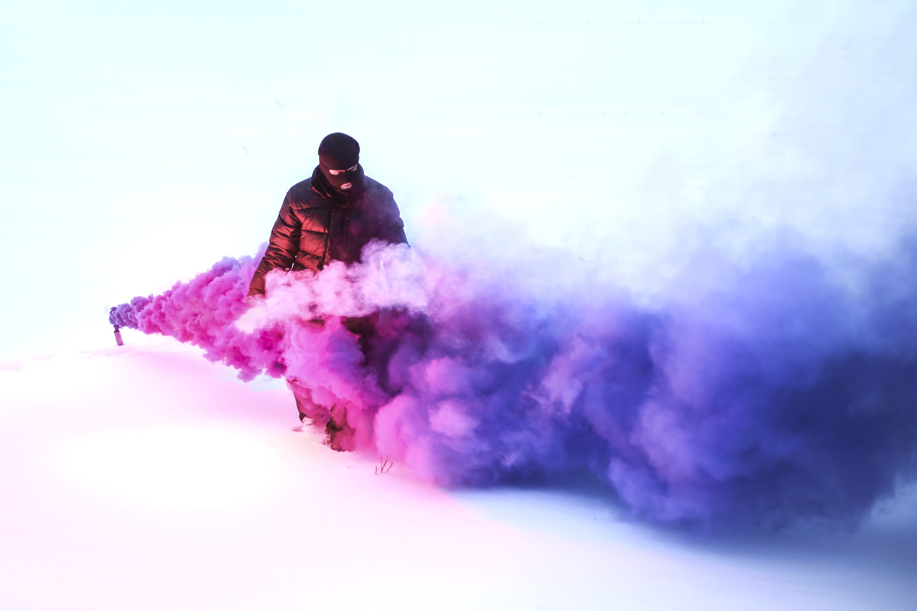 purple, walking, mask, young men, male, wearing, smoke - physical structure, leisure activity, snow, person, 2K, smoke, nature, warm clothing, studio shot, HD Wallpaper