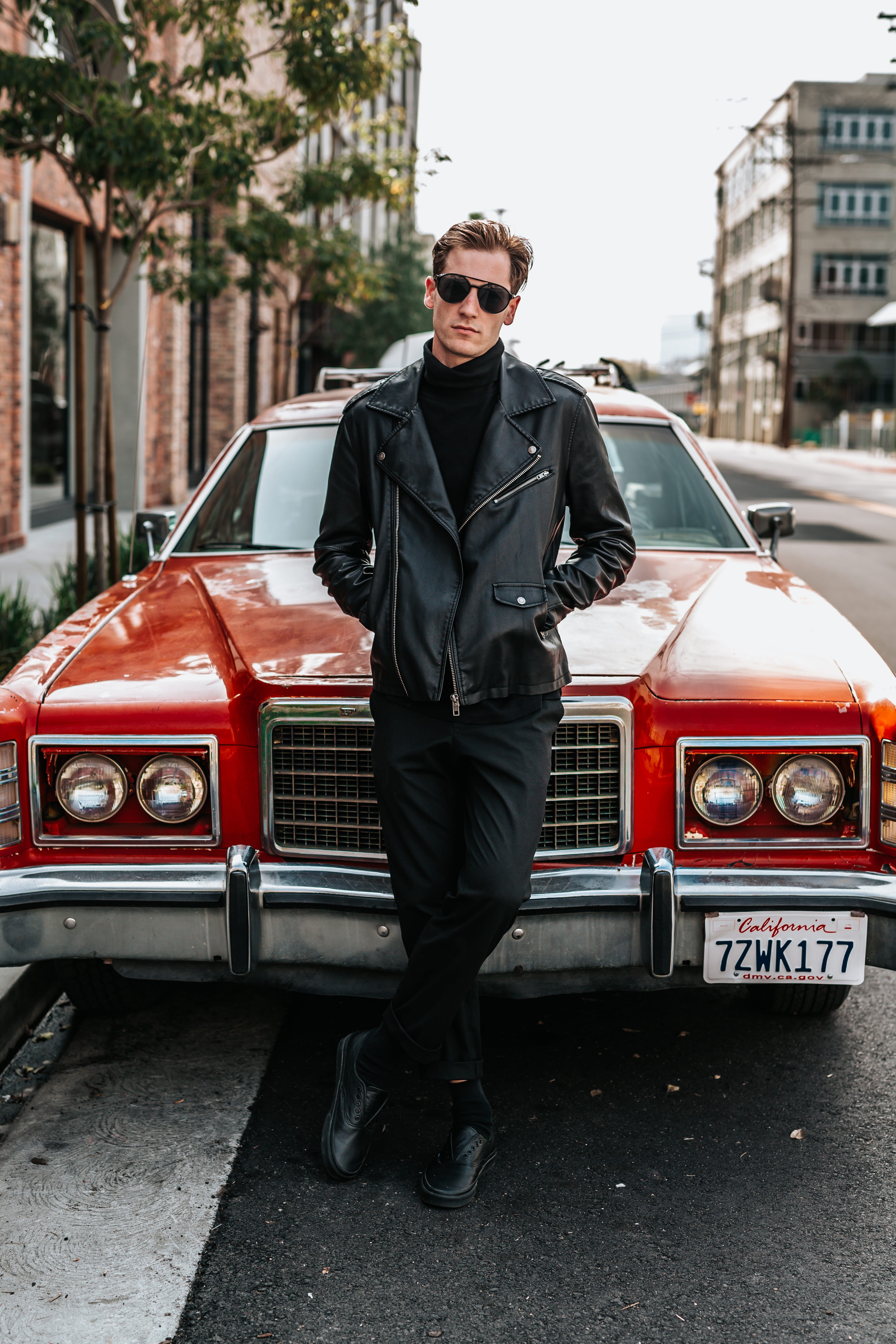 model, wearing, architecture, land vehicle, building, building exterior, red, jacket, lean, glasses, leather, fashion, full length, young adult, day, car, Phone HD Wallpaper