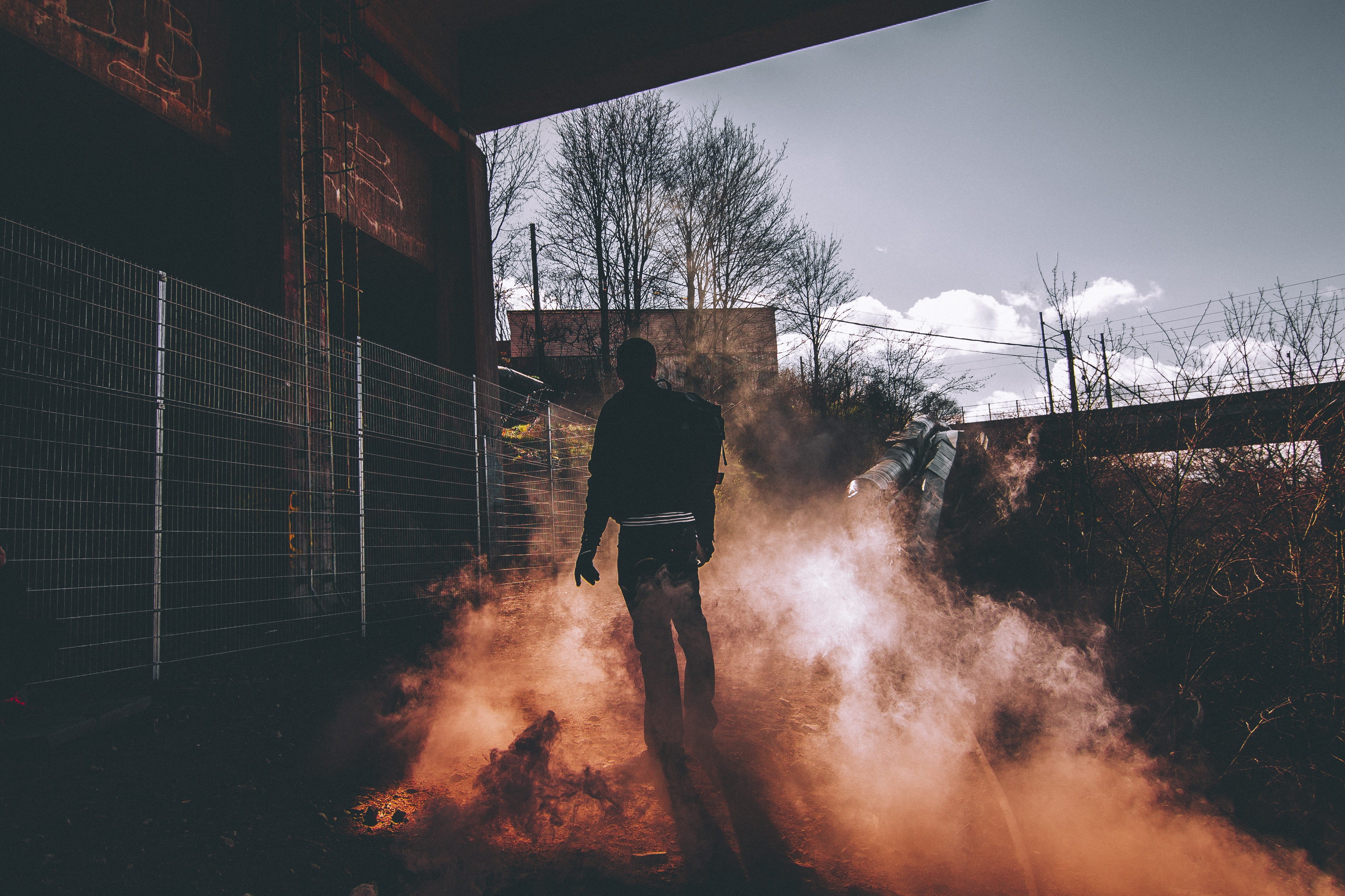 trees, man, tree, pants, 4K, outdoors, lifestyles, backpack, day, near, full length, silhouette, fog, smoke, sky, one person, smog, stockholm, casual clothing, HD Wallpaper