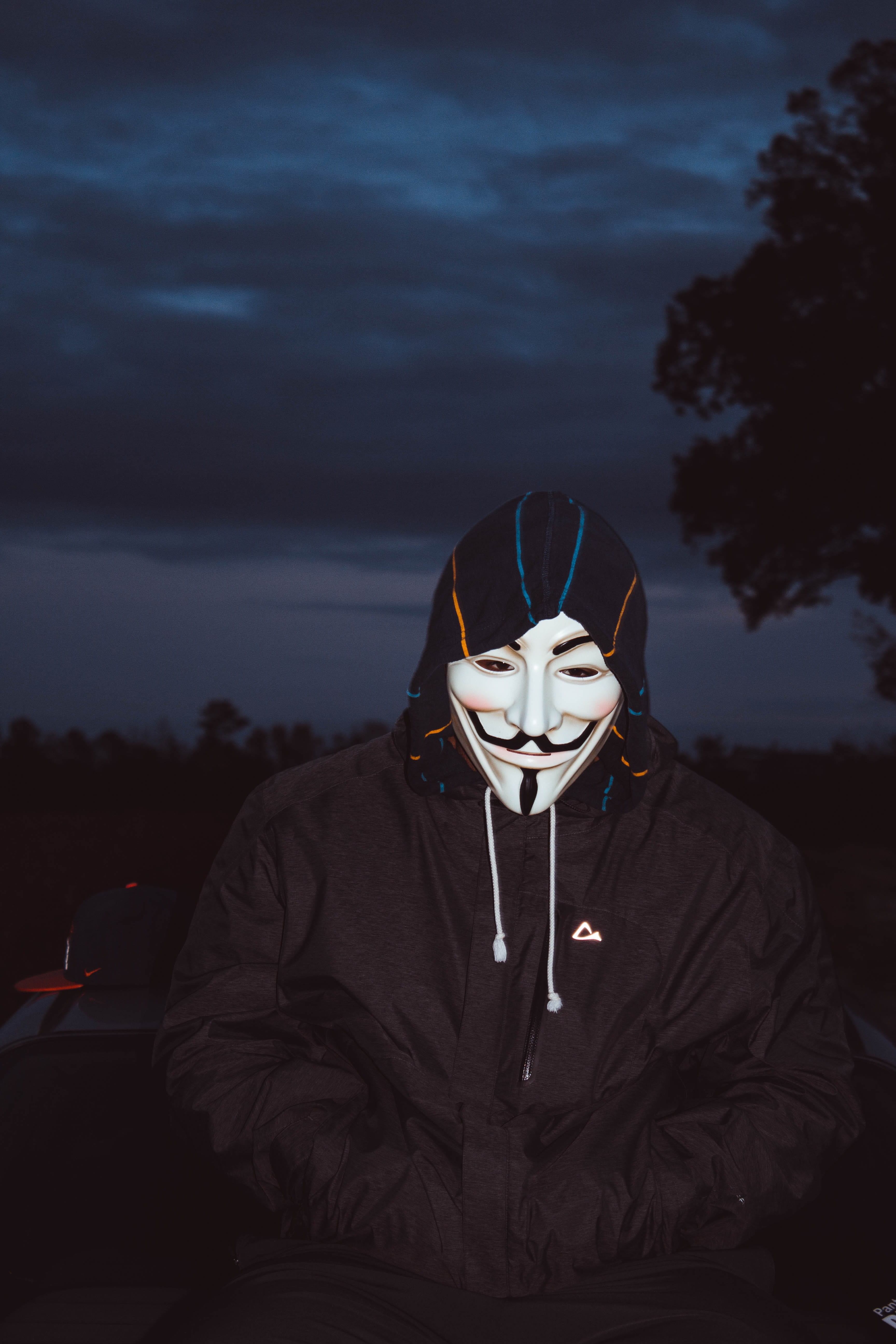 scary, wearing, festival, black, fawkes, guy fawkes mask, mystery, hood, sky, one person, scenic, disguise, cloud - sky, lifestyles, men, looking at camera, Phone HD Wallpaper