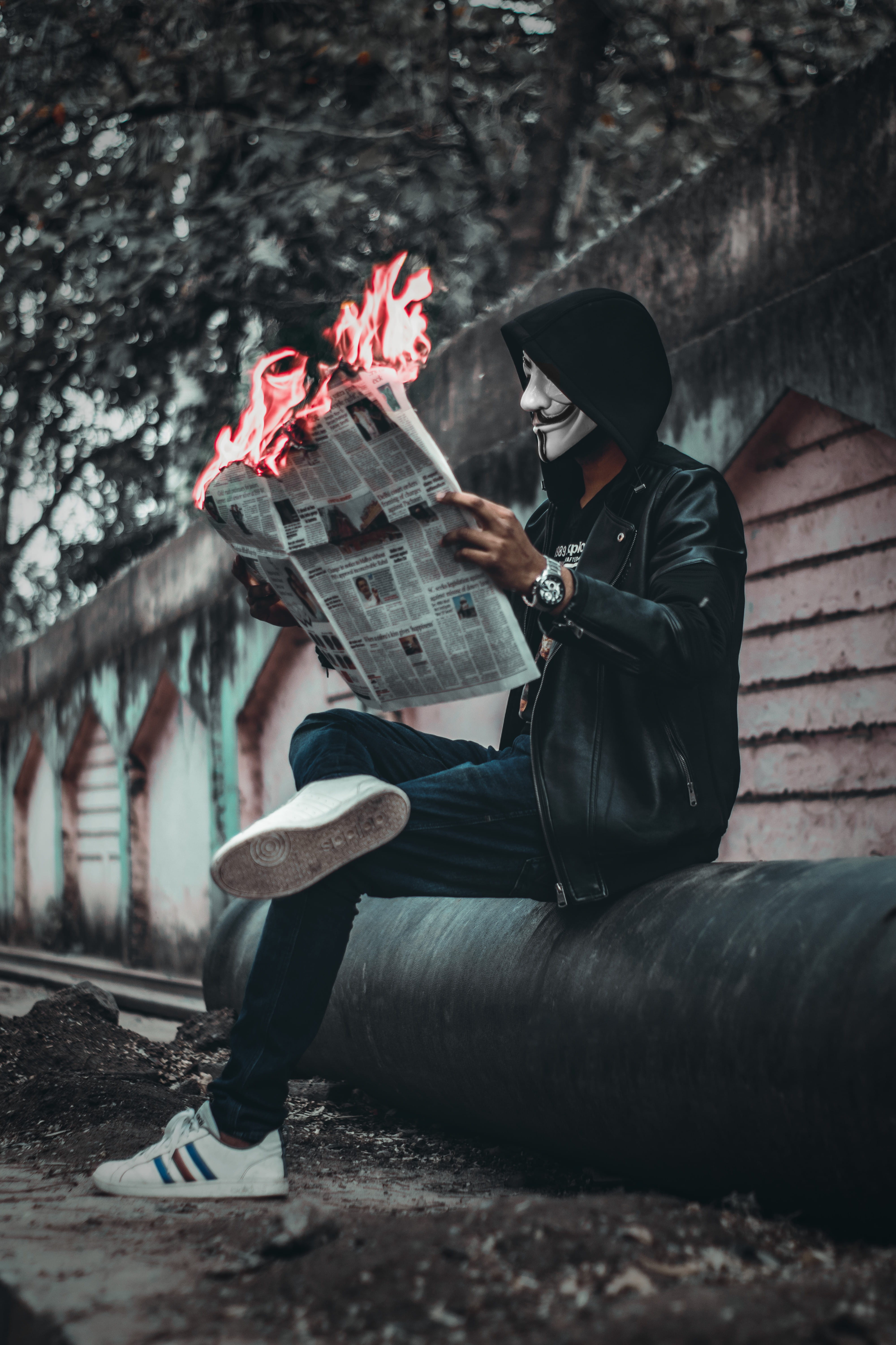 real people, wearing, holding, casual clothing, model, adult, young adult, mask, architecture, black jacket, street, guy, clothing, creepy, city, warm clothing, Phone HD Wallpaper