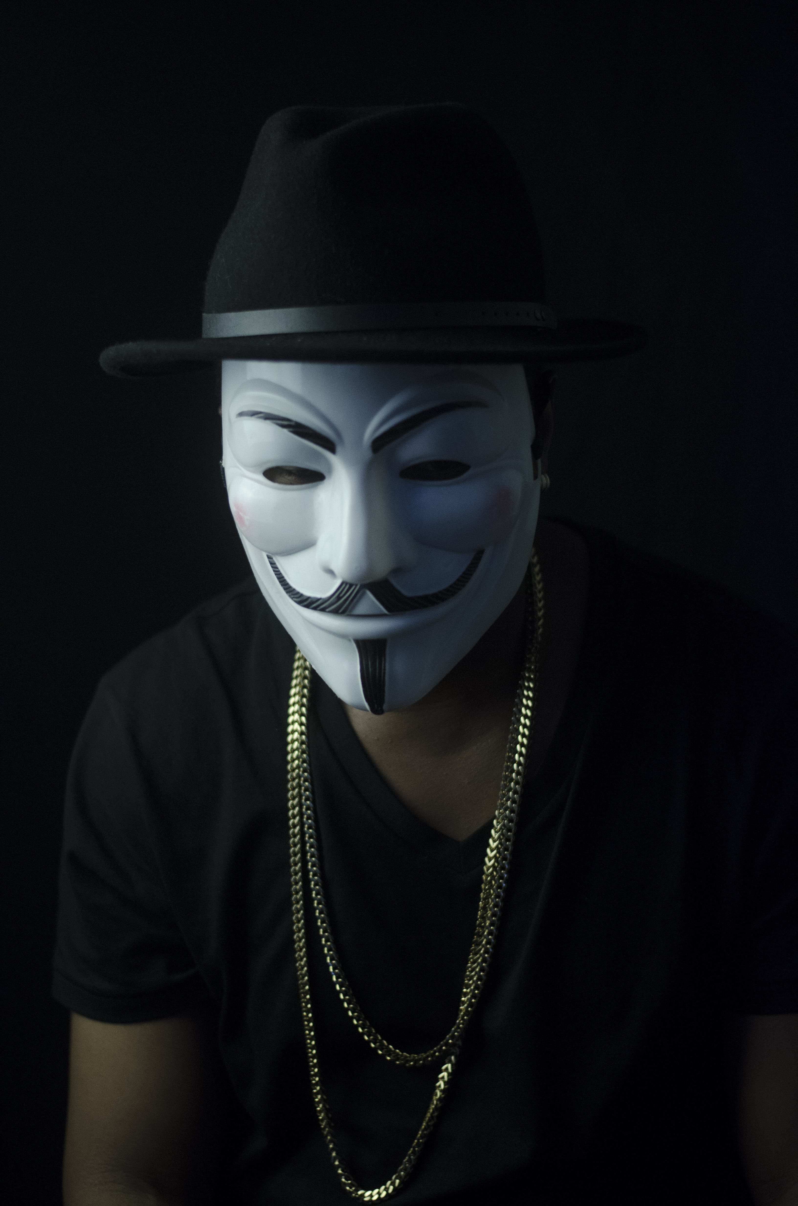 human face, fashion, anonymous, 4K, males, wear, portrait, men, lifestyles, adult, indoors, black background, fawkes, studio shot, photoshoot, male, fedora, Phone HD Wallpaper
